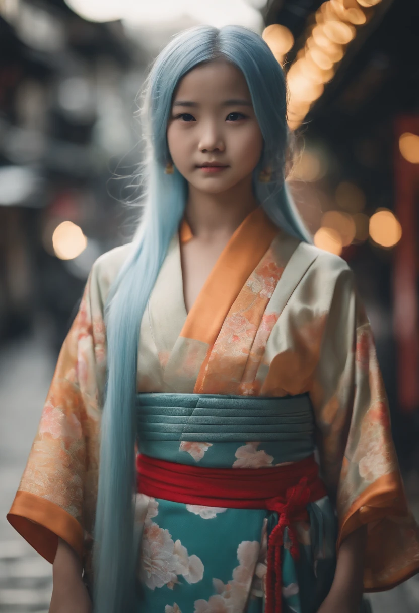 full bodyesbian, Wear colorful kimonos, , 7 year old Japanese petite kid on a dark city street, Dark creepy streets, Petite girl, flatchest, Petite figure, Long light blue hair, Exposing the abdomen, midriff exposed, small tits, ((big breasts thin waist)), a small face