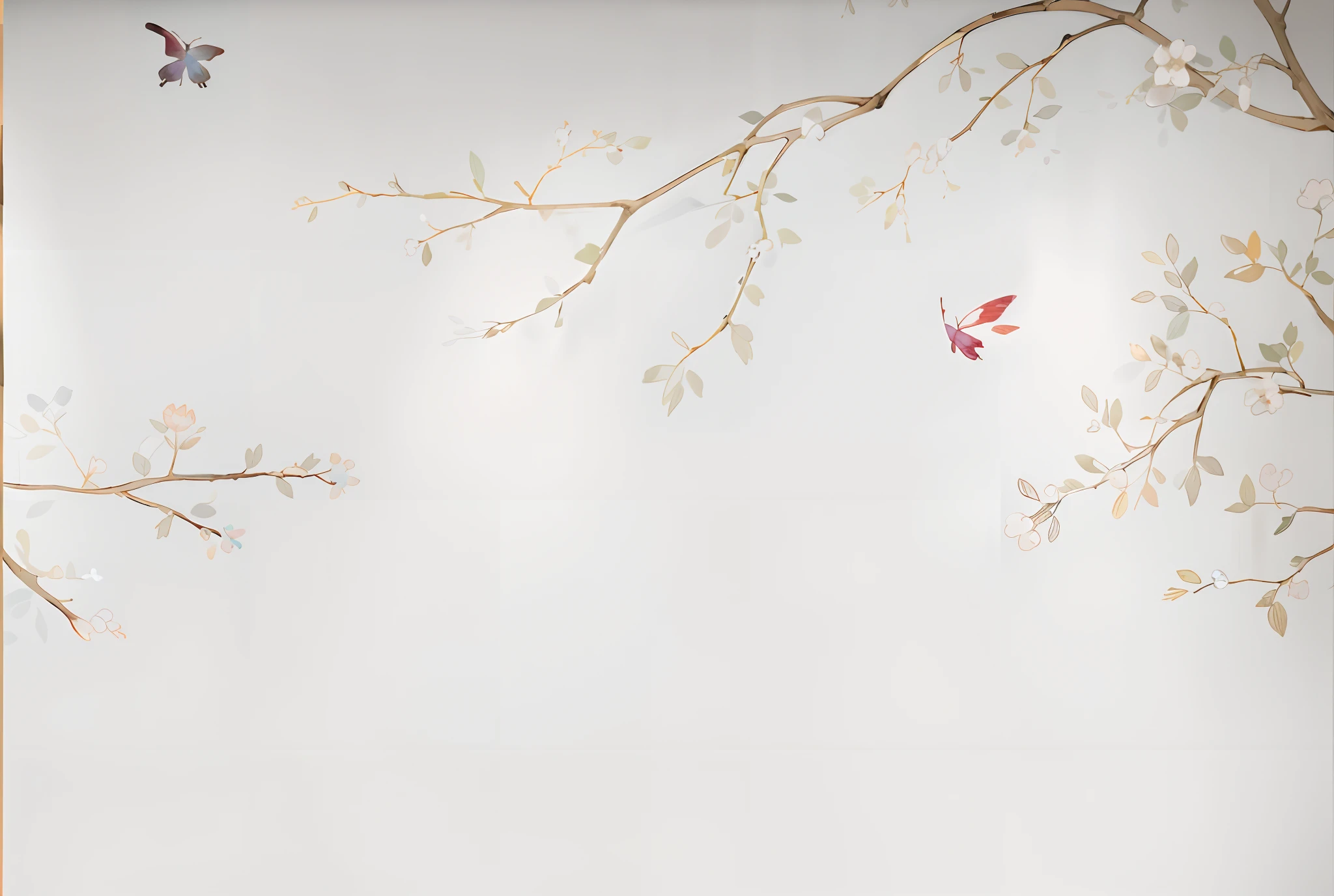 There is a wall,It depicts a tree and birds, indoor background, wallpaper design, wallpaper on the walls, bedroom background, chinoiserie wallpaper, interior design background, Wall painting, interior background art, wall paintings, wallpaper art, the wallpaper, soft butterfly lighting, living room wall background, personal room background, Fondo pintado floral, korean artist, White background wall