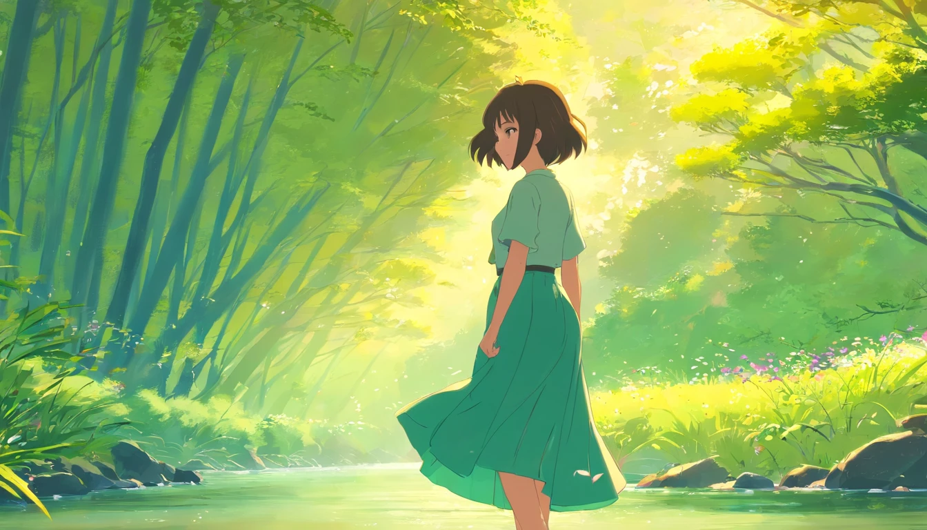 short detailed hair,ancient wind,gentleness,Like a spring breeze,Opai big,long skirt,On the creek