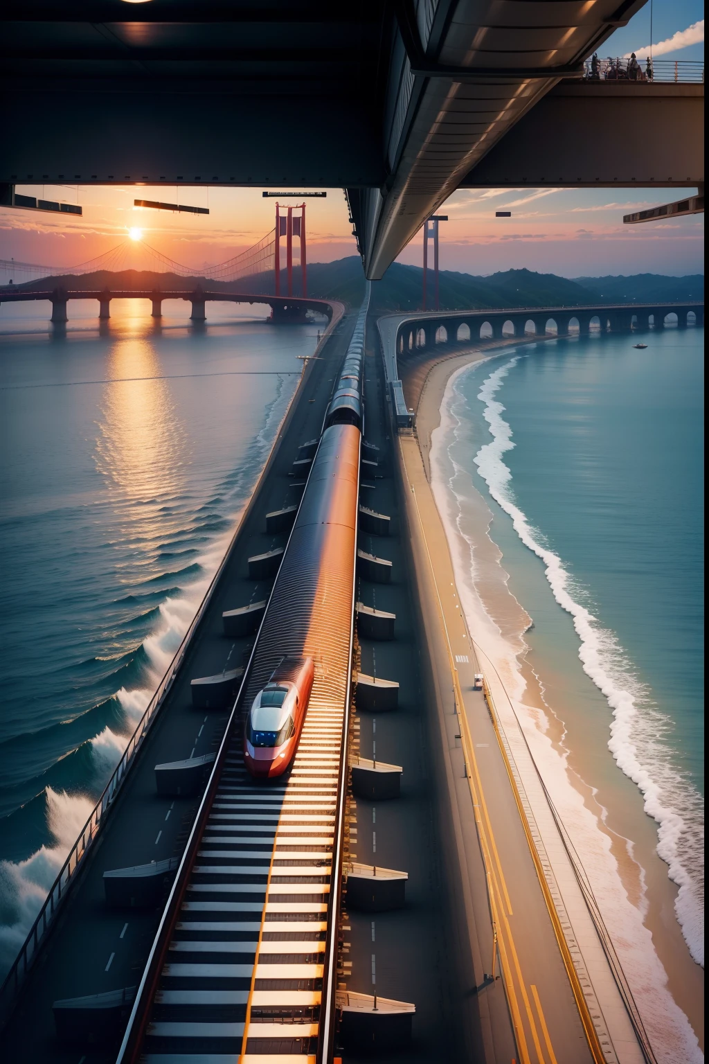 Harmony bullet train,Cross-sea bridge,the setting sun,Speeding through,Side view