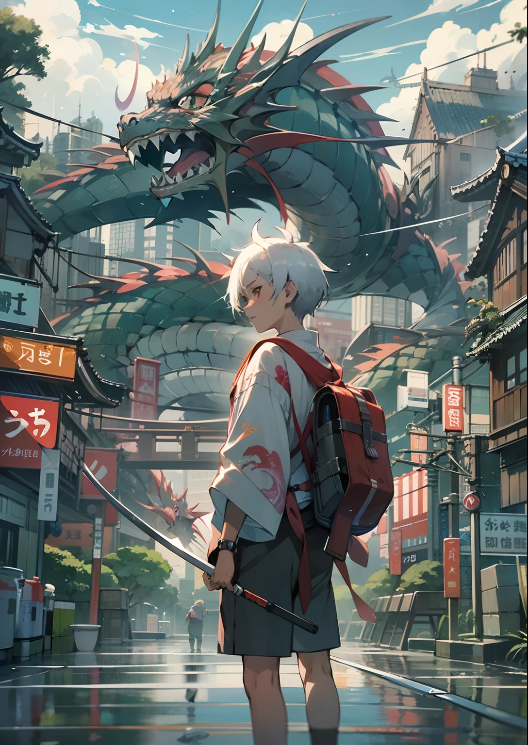 1boy,Man's ,Cyberpunk Boy、silber hair、Spiky hairstyle、Japanese Katana Sword、machine gun、bow and arrow、Whole body bloody、The beginning of the adventure、(Dragon in the sky:1.5)、Magic Hour with Clouds,ruined and devastated city、Complex Japan buildings、school buildings、temple、shrines、railroad crossing、Bus stop、Trees、Warm lighting、puddles、Good old Japan landscape、Beautiful and fantastic summer landscape、Cinematic scenery、hightquality、masutepiece,8K、hight resolution、ultra-detailliert,