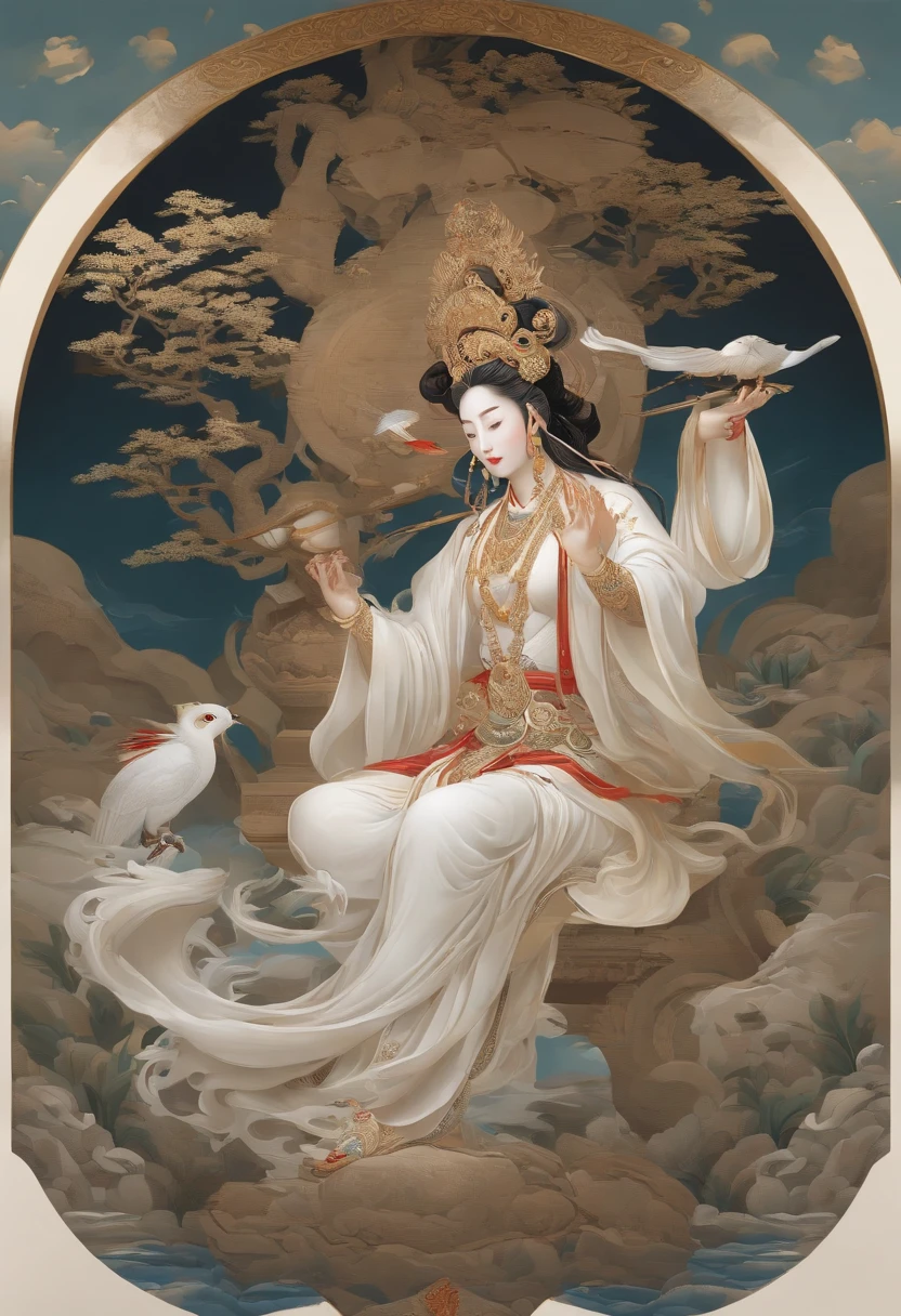 (tmasterpiece,best qualtiy,超高分辨率,Detailed details),Avalokiteshvara、A scene from the《Journey》 ,Dressed in white,Hold the bottle,Inspired by Journey to the West,inspired by Shunkōsai Hokushū,in the artistic style of mohrbacher,Chinese mythology,Inspired by Ryūkōsai Jokei,in style of peter mohrbacher