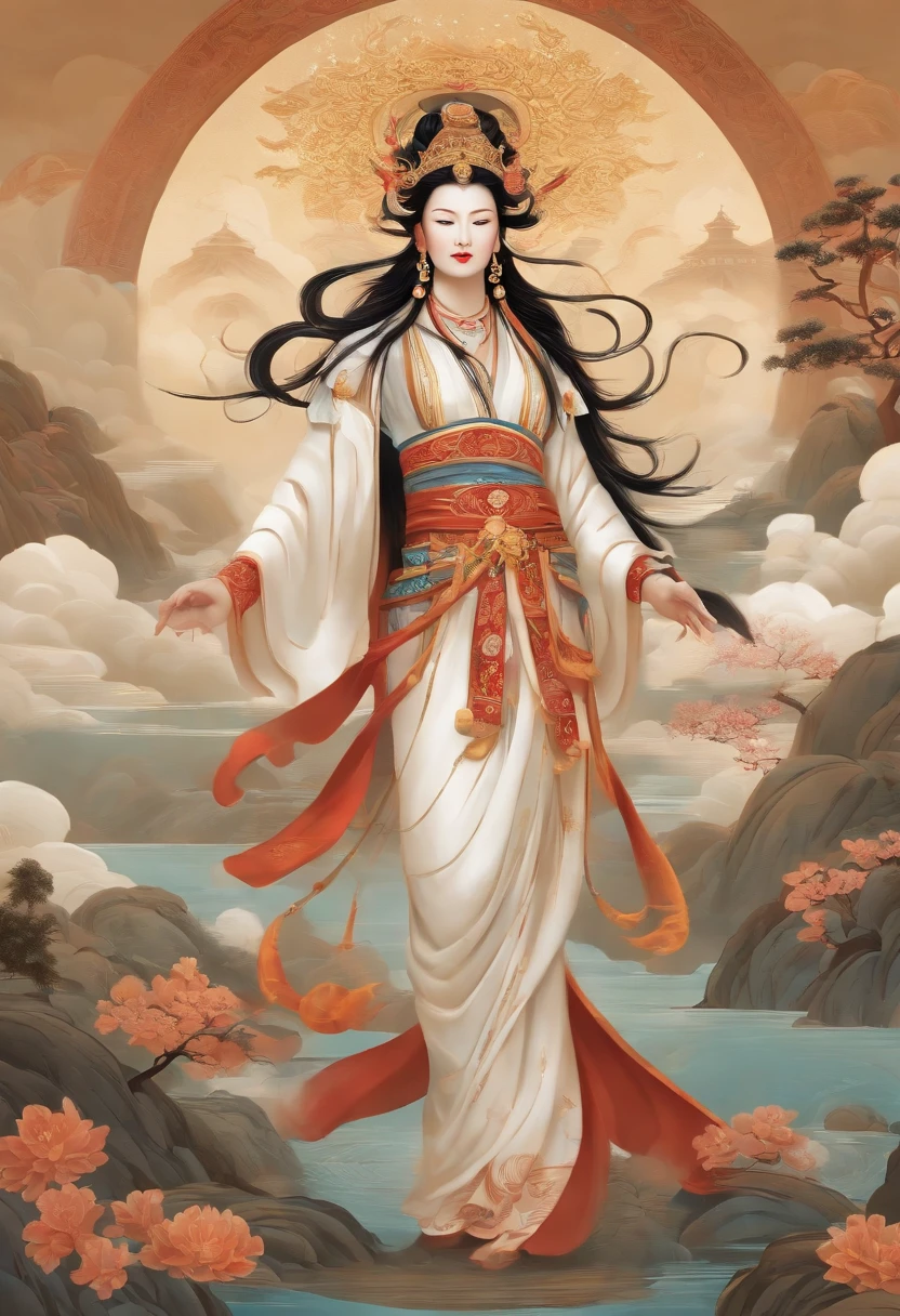（tmasterpiece，best qualtiy，超高分辨率，Detailed details），Avalokiteshvara、A scene from the《Journey》 ，Dressed in white，Hold the bottle，Inspired by Journey to the West，inspired by Shunkōsai Hokushū，in the artistic style of mohrbacher，Chinese mythology，Inspired by Ryūkōsai Jokei，in style of peter mohrbacher