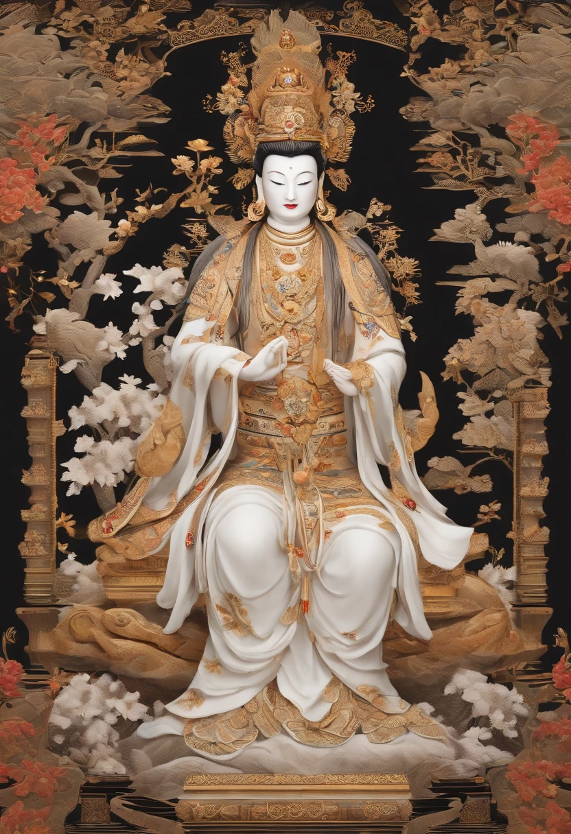 (tmasterpiece,best qualtiy,超高分辨率,Detailed details),Avalokiteshvara、A scene from the《Journey》 ,Dressed in white,Hold the bottle,Inspired by Journey to the West,inspired by Shunkōsai Hokushū,in the artistic style of mohrbacher,Chinese mythology,Inspired by Ryūkōsai Jokei,in style of peter mohrbacher