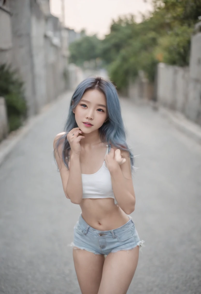 full body, kim chaewon in a bikini, yo, 15orean petite young girl in a dark city street, dark creepy street, petite girl, small breast, petite figure, long light blue hair, ripped tight crop top shirt that expose midriff, ripped tight white shorts, midriff exposed, small tits, ((thin-waist)), a small face