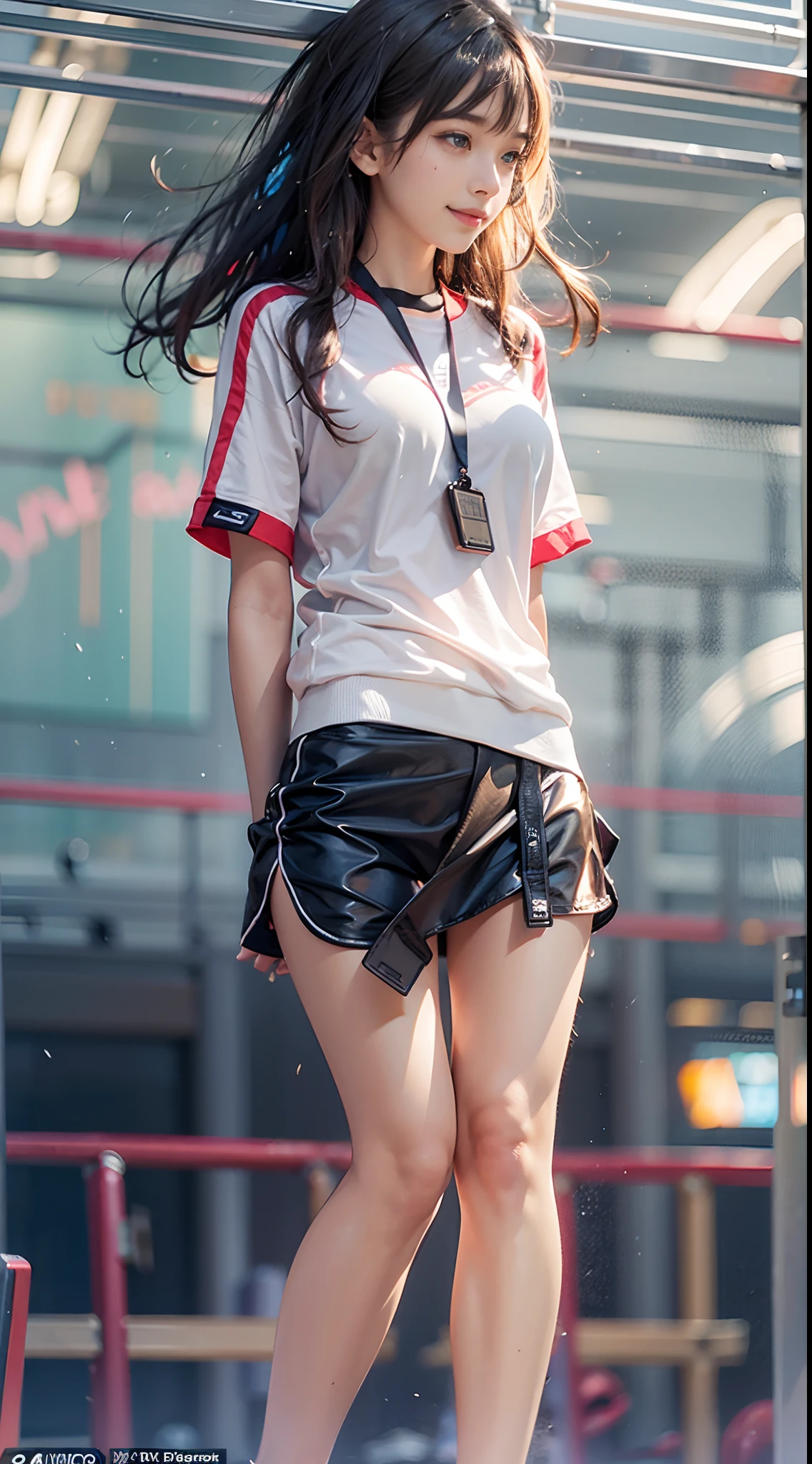 Jump skydiving on plane scene, black pink Lisa parachuting with long hair flying in a mess, black police uniform, harness, flowing pink miniskirt, in a panoramic view, anatomically correct, above knee portrait photo, very realistic, material reflective and dispersive. Dispersion of light and sunlight, and clouds high detail, high quality