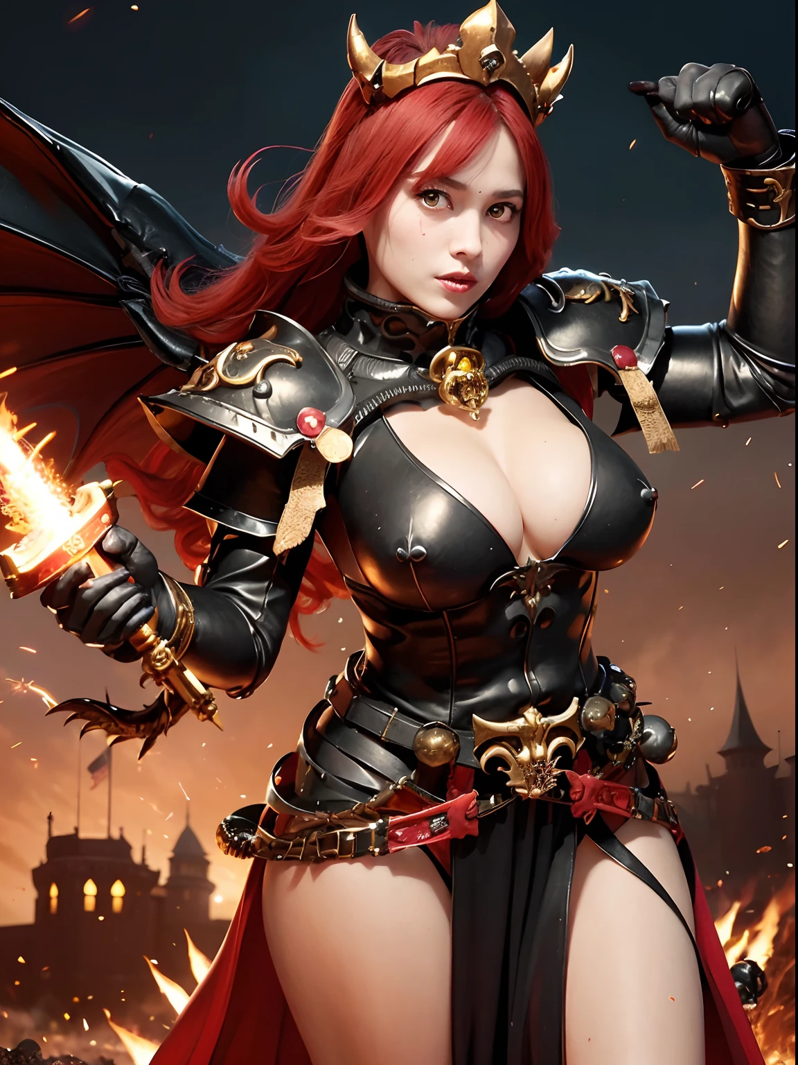 (masutepiece), Professional , masterpiece、top-quality、photos realistic , depth of fields (Gemstone Black Metal Body:1.4),(Matte Black、(cleavage of the breast)、Dragon Gold Weapon,Mystical expression、Particles of light、Fight dragons、(Dragon Metal Body:1.4),Gorgeous Silver Weapons ,(( Dragon's dense and gorgeous sword)) , Beautiful knife ,warhammer 40k , adepta sororitas,Detail and gorgeous crown、((Red hair))、(Castle background)、、((Gangle's forest background))、Beautiful Caucasian beauty、1a person、dynamic ungle,(((Detailed and ornate Black Devil Crown)))、Smaller head、A smile、Castle background、Thin and beautiful female hands、cleavage of the breast、Soldier in iron armor on background、Mystical expression、Light Effects、intense fighting、Wind-effect、magic circles、With the legendary magic wand、(demonic wings)、