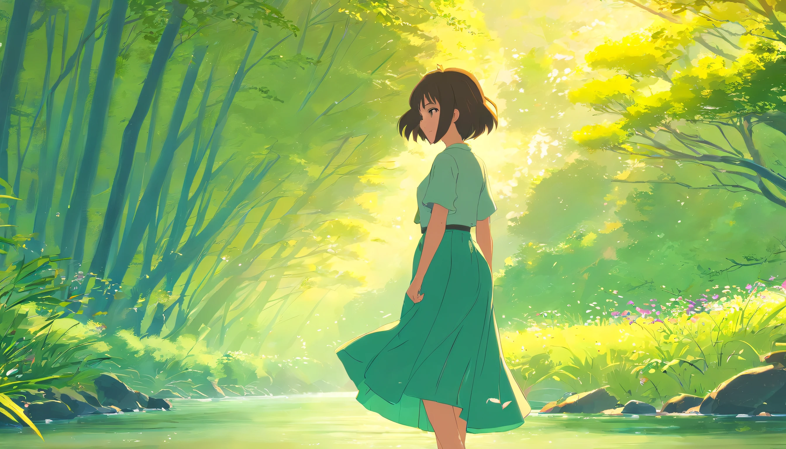 short detailed hair,ancient wind,gentleness,Like a spring breeze,Opai big,long skirt,On the creek