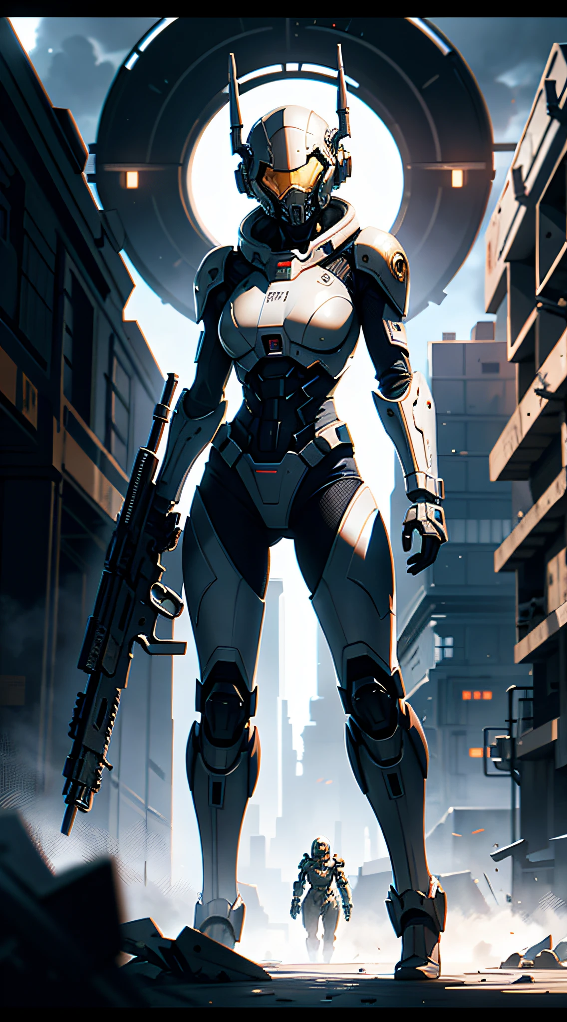 There was a woman holding a gun in front of a spaceship, ruined empire on the background, official character art, 《Doom:everlasting》Zombies in , orianna, C - 3 P 0 painting, inspired by Sargent Johnson, heaven planet in background, Juno promotional image, full helmet