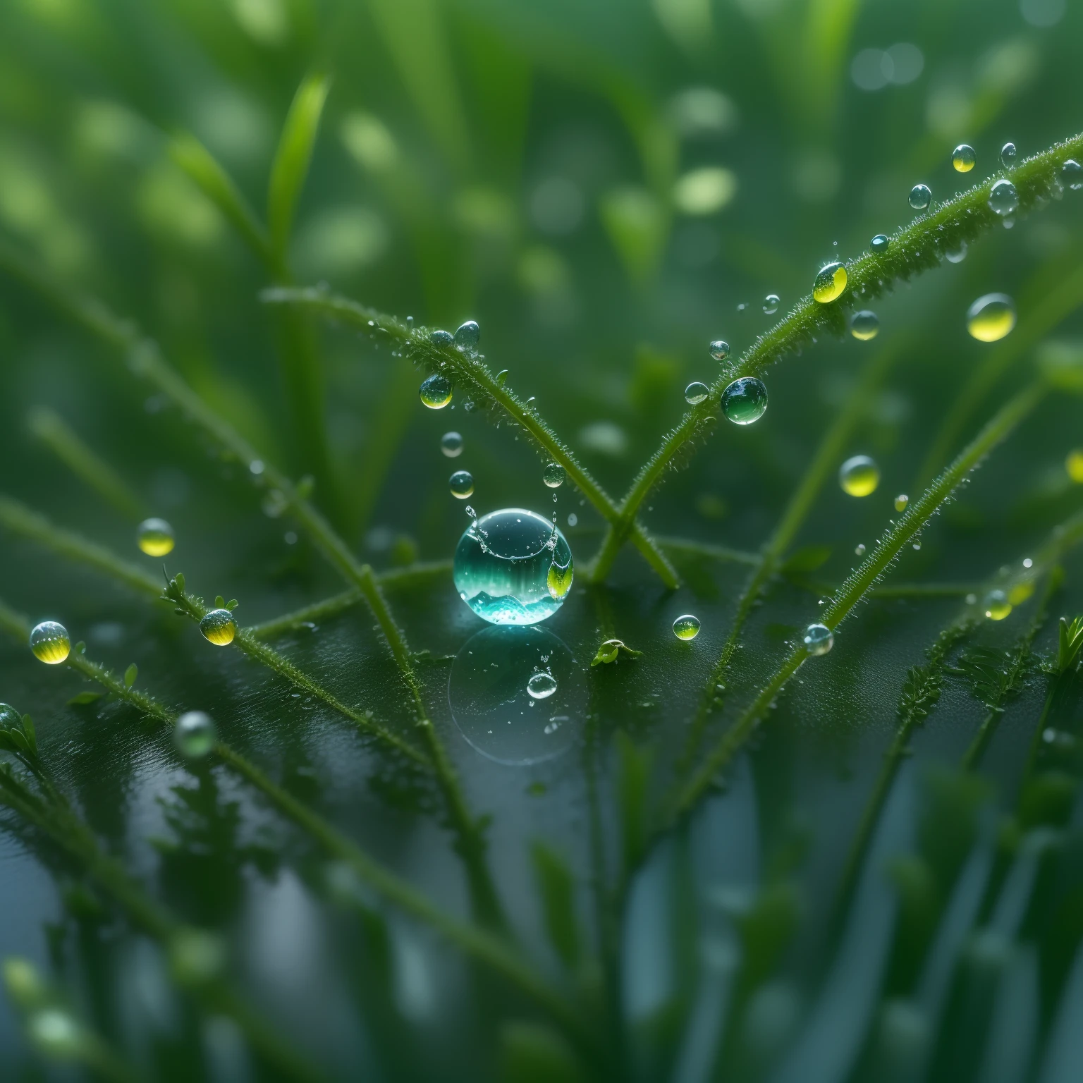 Morning, macro photograph, A drop of dew on the grass, ((Earth in a drop of dew)), (( The night city is reflected in a drop of water)), Beautiful landscape, 真实感, hiquality, The is very detailed