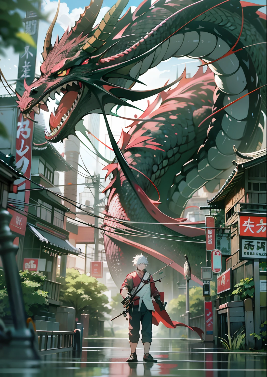 1boy,Man's ,Cyberpunk Boy、silber hair、Spiky hairstyle、Japanese Katana Sword、machine gun、bow and arrow、Whole body bloody、The beginning of the adventure、(Dragon in the sky:1.5)、Magic Hour with Clouds,ruined and devastated city、Complex Japan buildings、school buildings、temple、shrines、railroad crossing、Bus stop、Trees、Warm lighting、puddles、Good old Japan landscape、Beautiful and fantastic summer landscape、Cinematic scenery、hightquality、masutepiece,8K、hight resolution、ultra-detailliert,