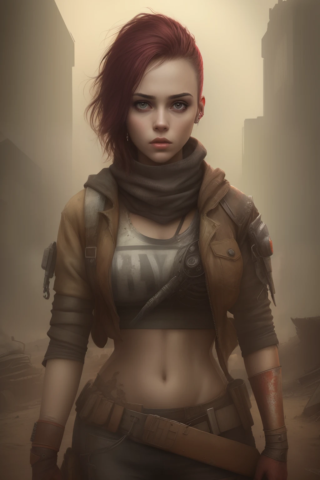 Portrait 1 Young woman ,Science fiction, Complex background punk, madmax , Futuristic, postapocalyptic, Dark, Dim light, ((Masterpiece, Best quality, )),