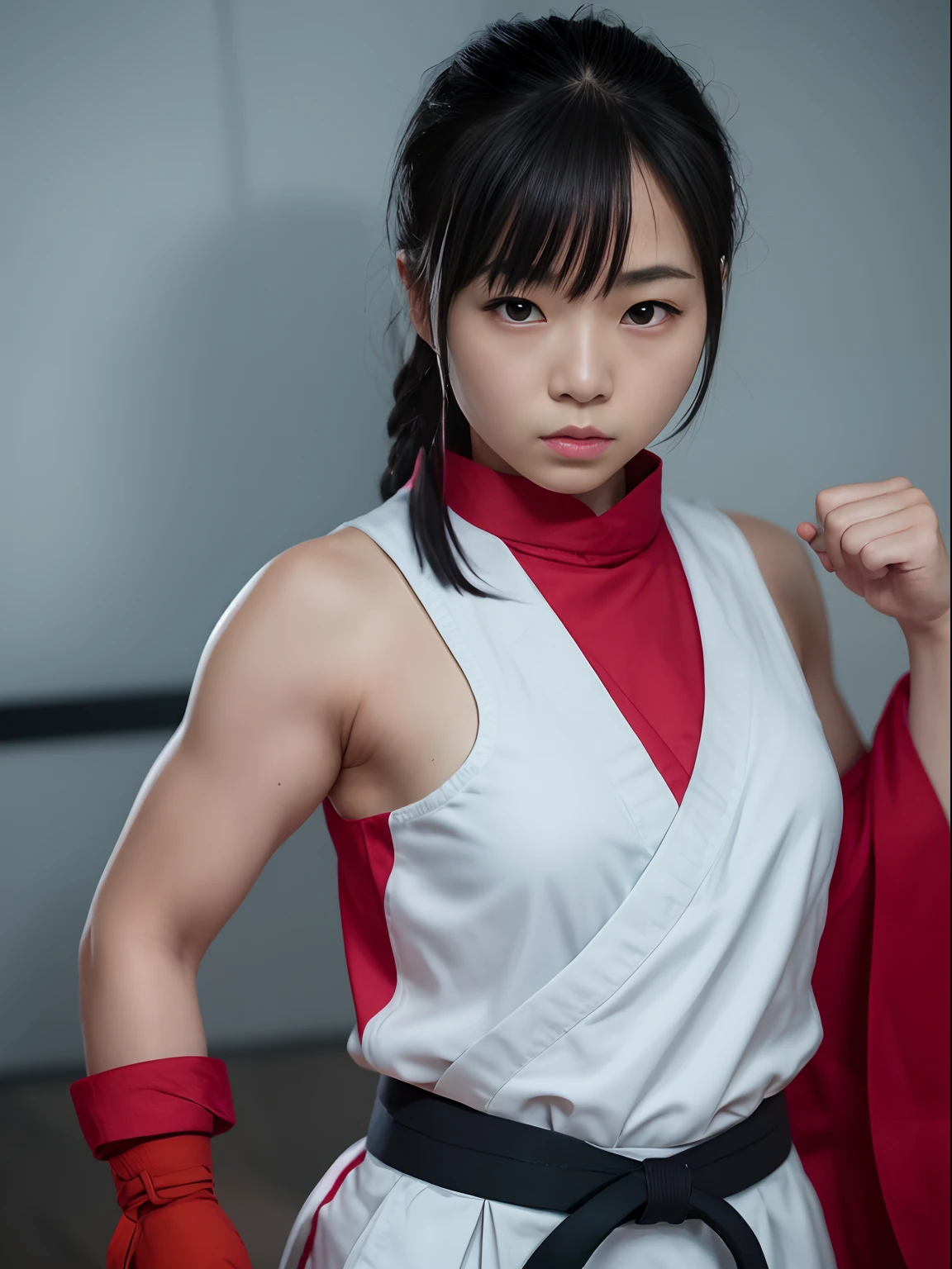 (japanese woman). Shaolin monk hyper - detailed, make a super power fist and destroys the world, cinematic 8k, (japanese woman), baldhair, skinhead, lady, Karate uniform, skinhead, baldhair, try to hit, Looks like kanna hashimoto, 8k, gothic
