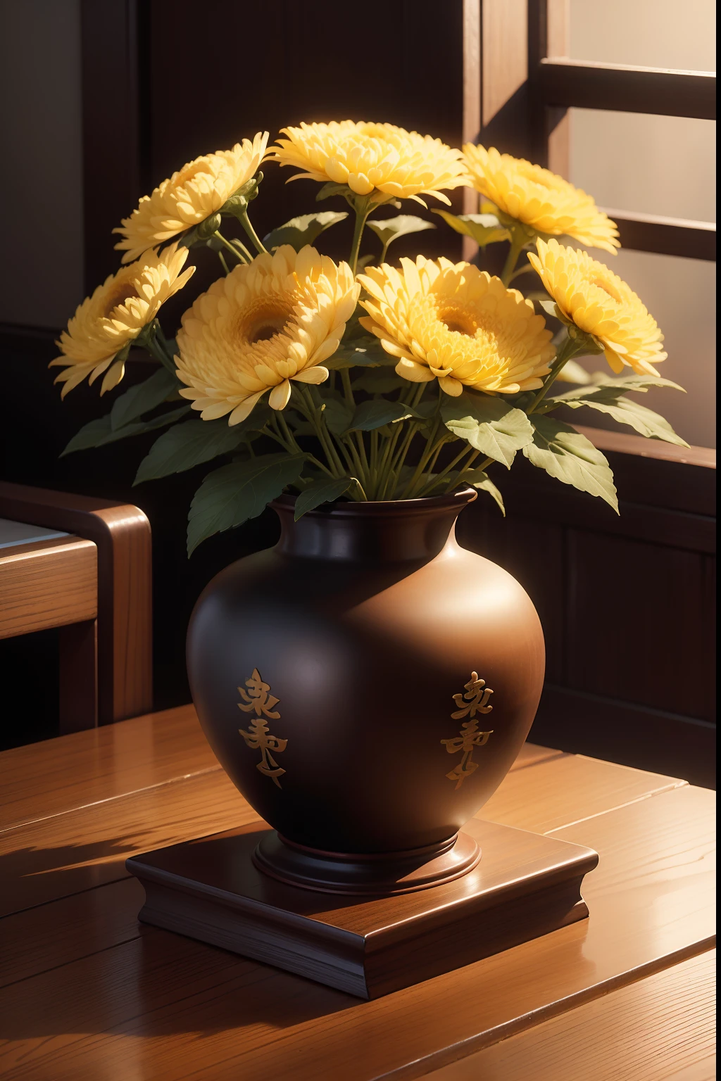 Chrysanthemums in square vases are placed on dark wooden tables，bergamot，professional photoshooting，still-life，Chinese traditional style，low-saturation，Soft natural light，Frontal shooting angle