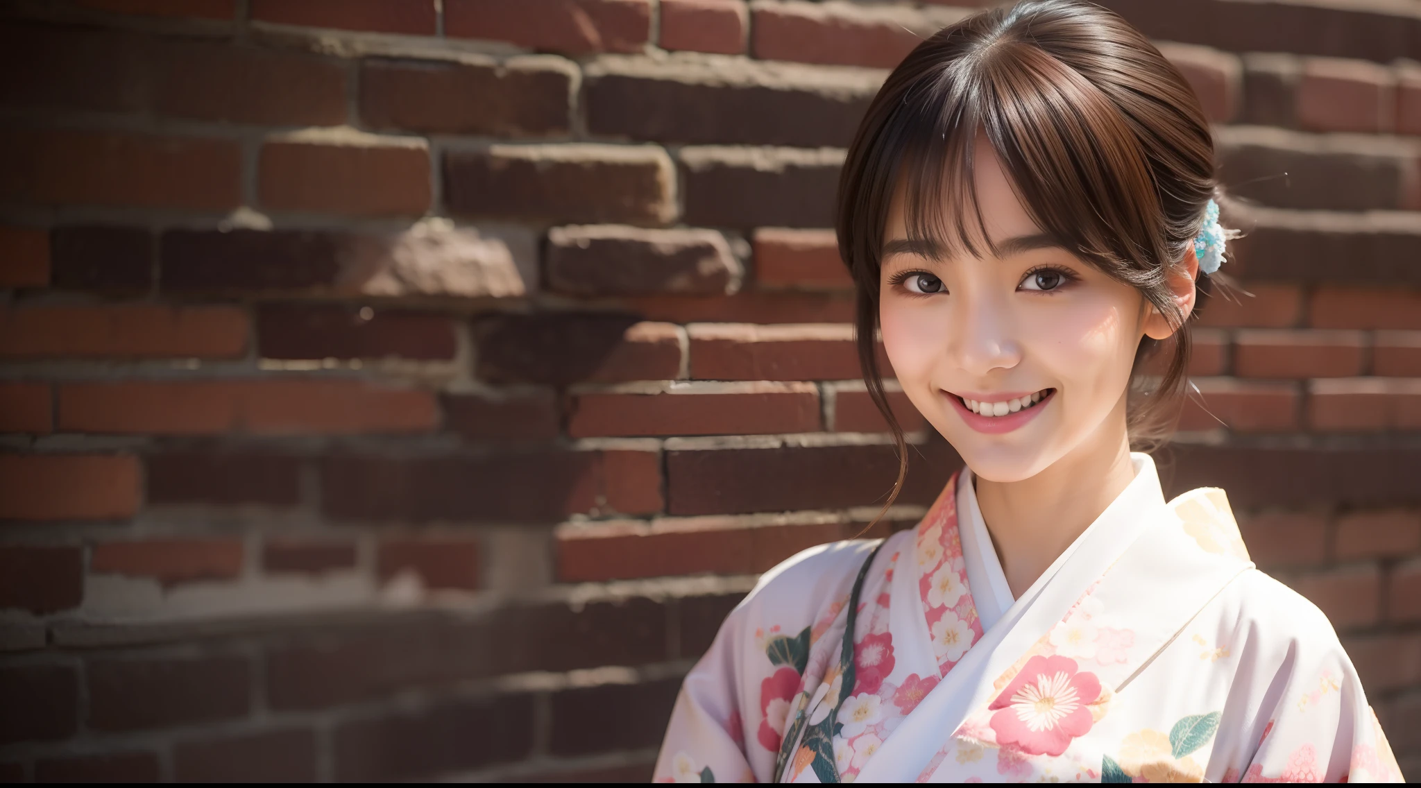 girl with, 独奏, a smile, Wearing a Japan kimono, Brick wall background, top-quality, ​masterpiece, Realistic, ultra-detailliert, natural soft light