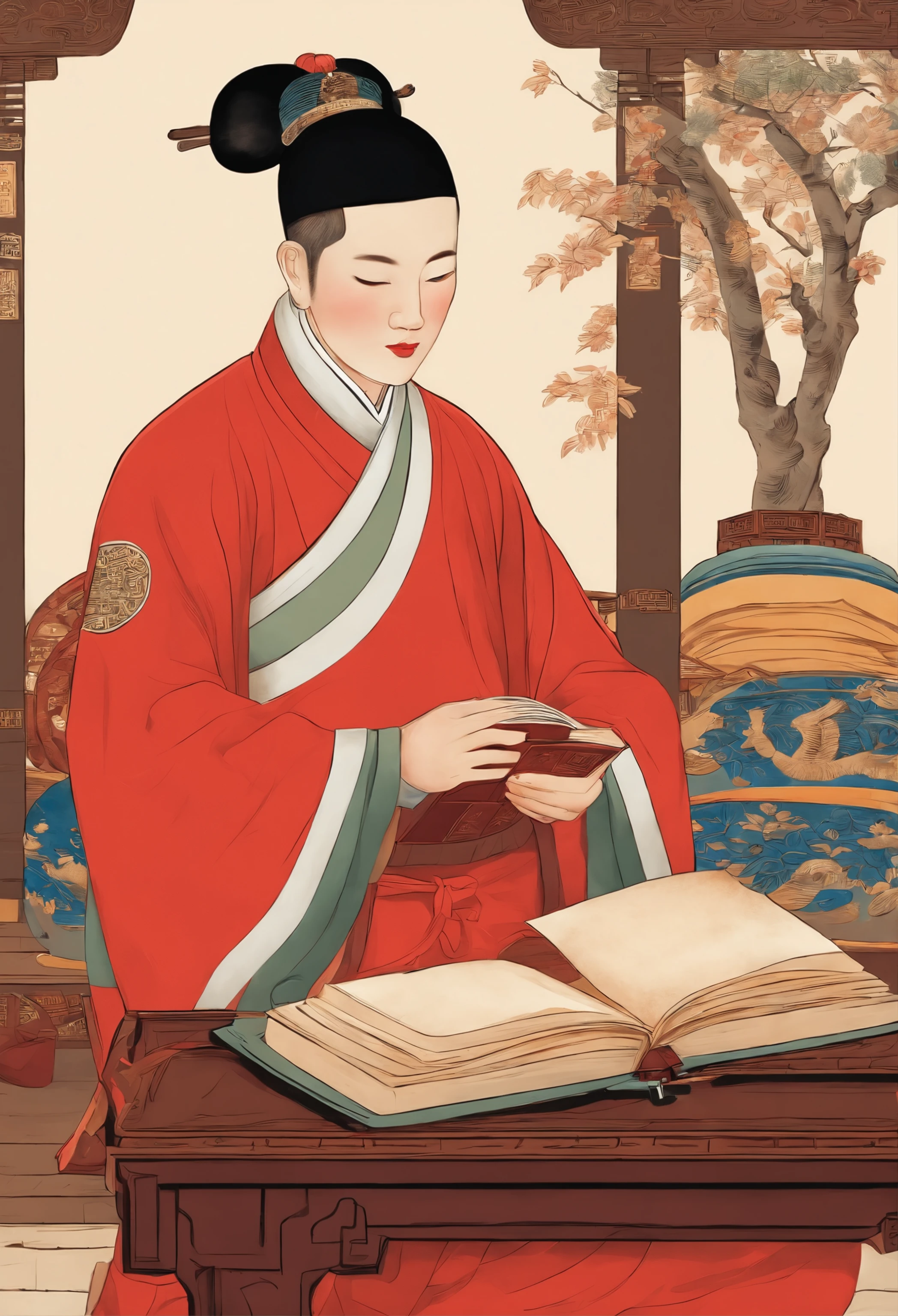 China's Qing Dynasty youth Xiucai is reading a book of poetry,He was 20 years old,In front of him was a table,There is a red lantern above the table。There was a stack of books on the table,pen, ink and paper。