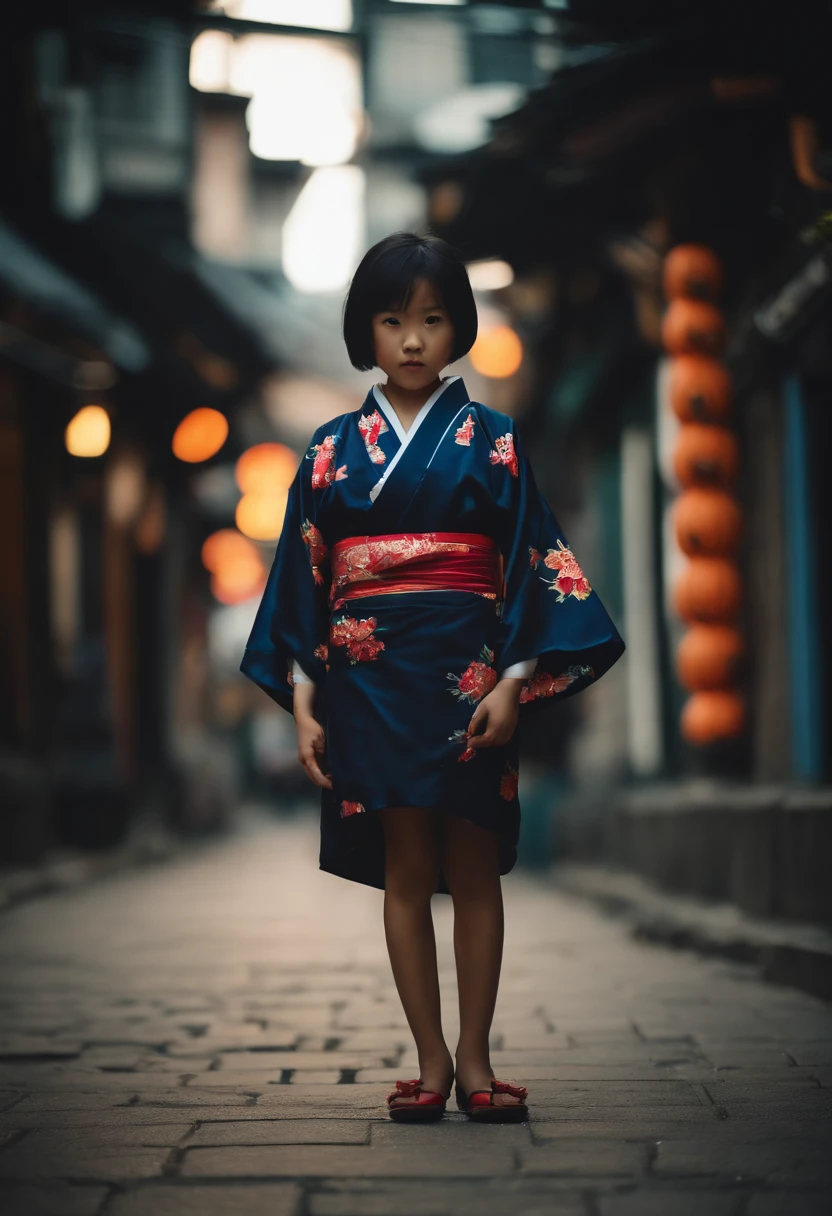 full bodyesbian, Wear colorful kimonos, , 7 year old Japanese petite kid on a dark city street, Dark creepy streets, Petite girl, flatchest, Petite figure, Short black hair, Exposing the abdomen, midriff exposed, small tits, ((big breasts thin waist)), a small face