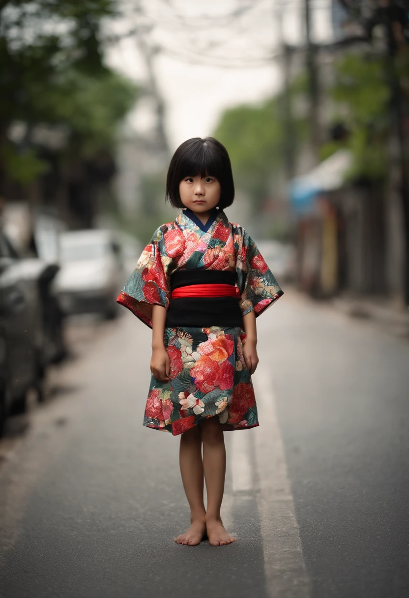 full bodyesbian, Wear colorful kimonos, 7 years old, 7 year old Japanese petite ??? on a dark city street, Dark creepy streets, Petite girl, flatchest, Petite figure, Short black hair, Exposing the abdomen, midriff exposed, small tits, ((big breasts thin waist)), a small face