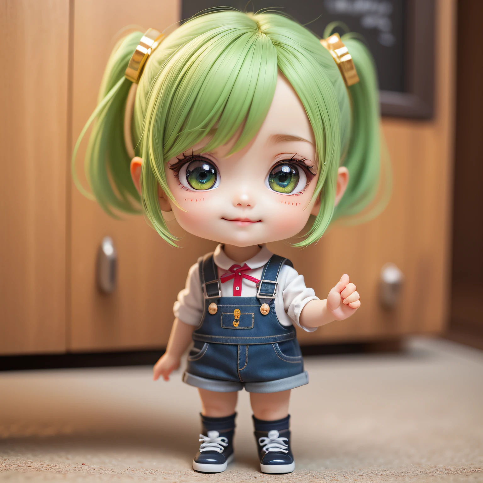 Cute baby chibi anime,（（（Super masterpiece、top-quality、ultra - detailed、1 girl in、tchibi：1.5）））、Fashion Chibi、A fashion model、Wearing a white shirt and a long gray vest,espadrilles、Jurassic dinosaur background、outside of house、The best smile、Looking at the camera,A detailed face、Dark skin、highdetailskin、Avocado green hair、（tchibi：1.4）、