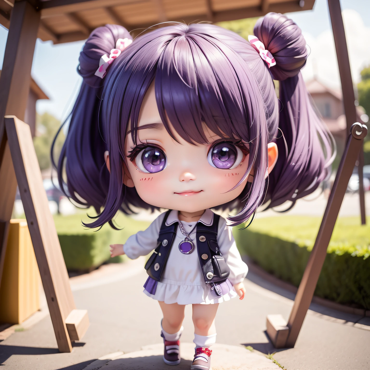 Cute baby chibi anime,(((Super masterpiece、top-quality、ultra - detailed、1 girl in、tchibi:1.5)))、Fashion Chibi、A fashion model、Wearing a white shirt and a long gray vest,espadrilles、Disney playground background、outside of house、The best smile、Looking at the camera,A detailed face、Dark skin、highdetailskin、Lavender purple hair、(tchibi:1.4)、
