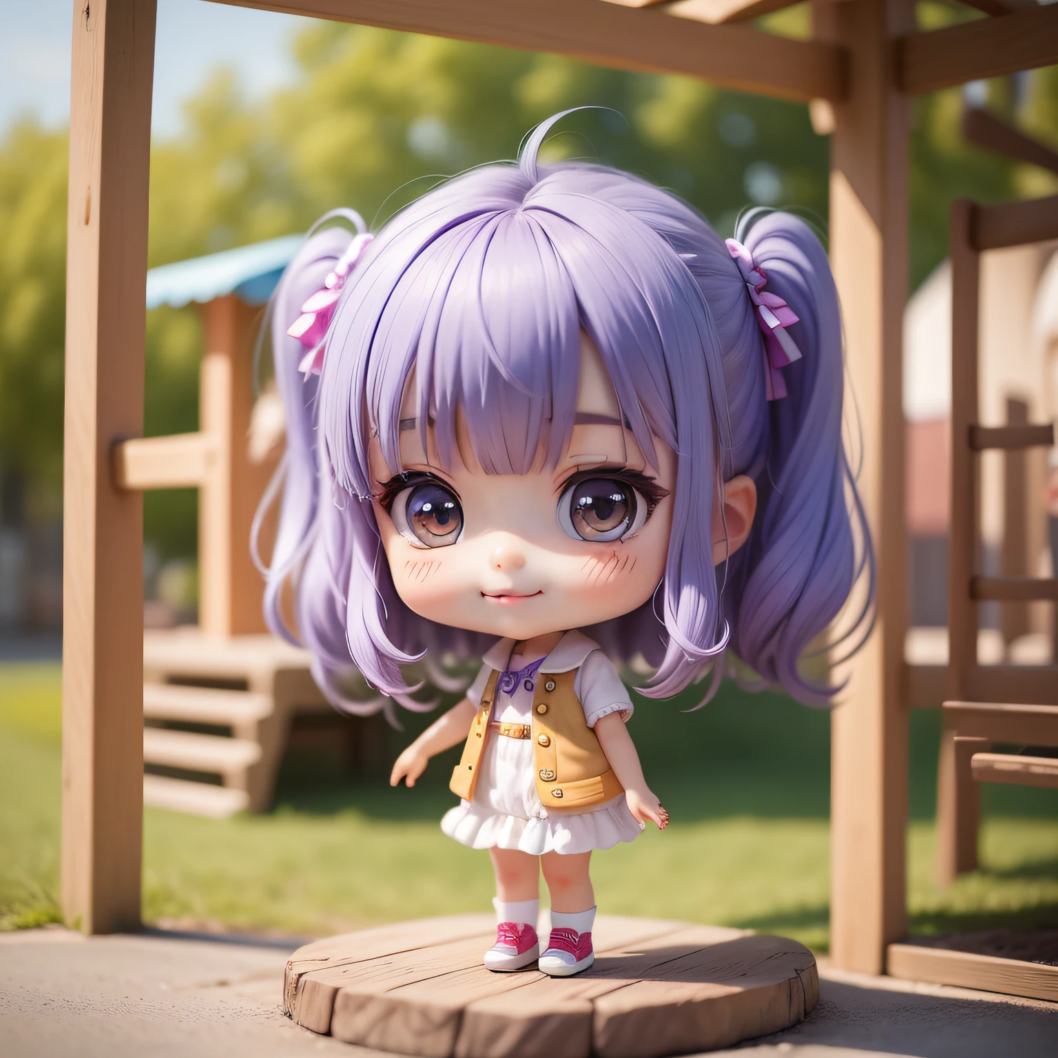 Cute baby chibi anime,(((Super masterpiece、top-quality、ultra - detailed、1 girl in、tchibi:1.5)))、Fashion Chibi、A fashion model、Wearing a white shirt and a long gray vest,espadrilles、Disney playground background、outside of house、The best smile、Looking at the camera,A detailed face、Dark skin、highdetailskin、Lavender purple hair、(tchibi:1.4)、