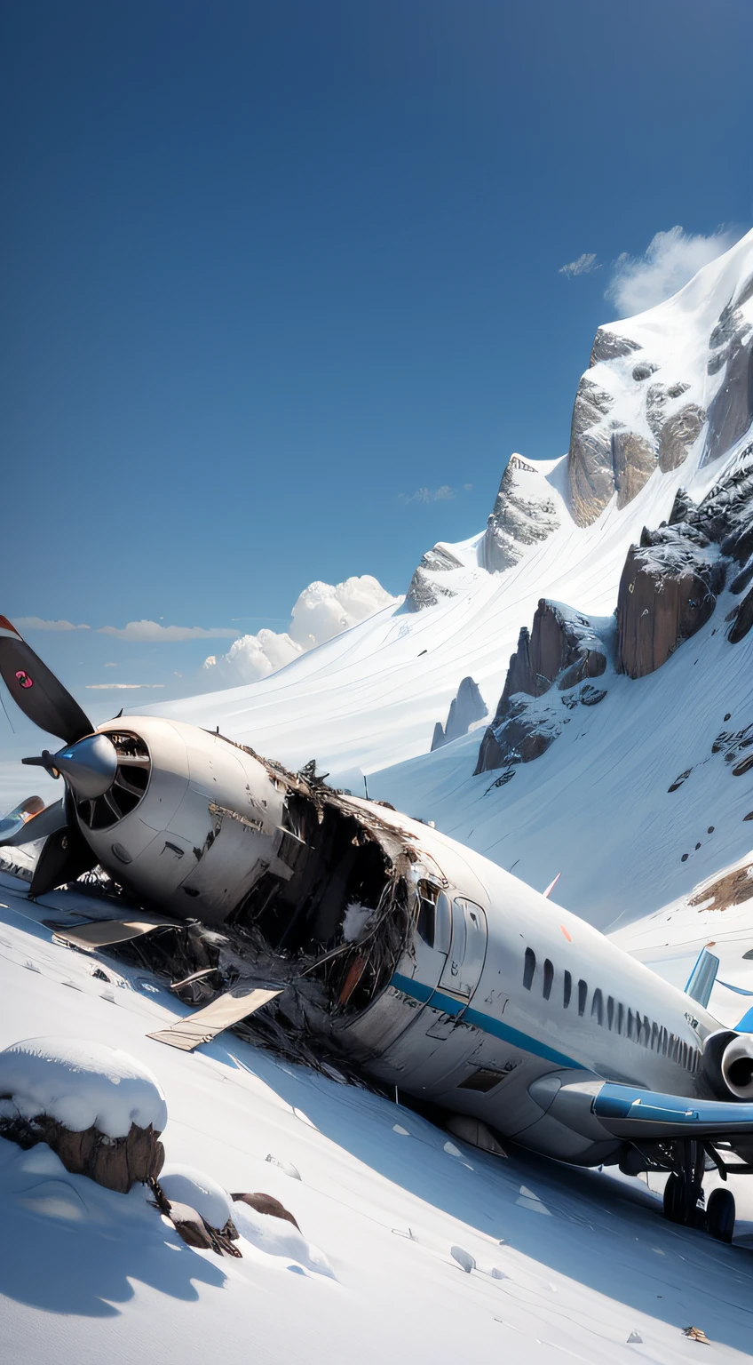an aircraft crashed in the mountain, passengers died near the plane, realistic