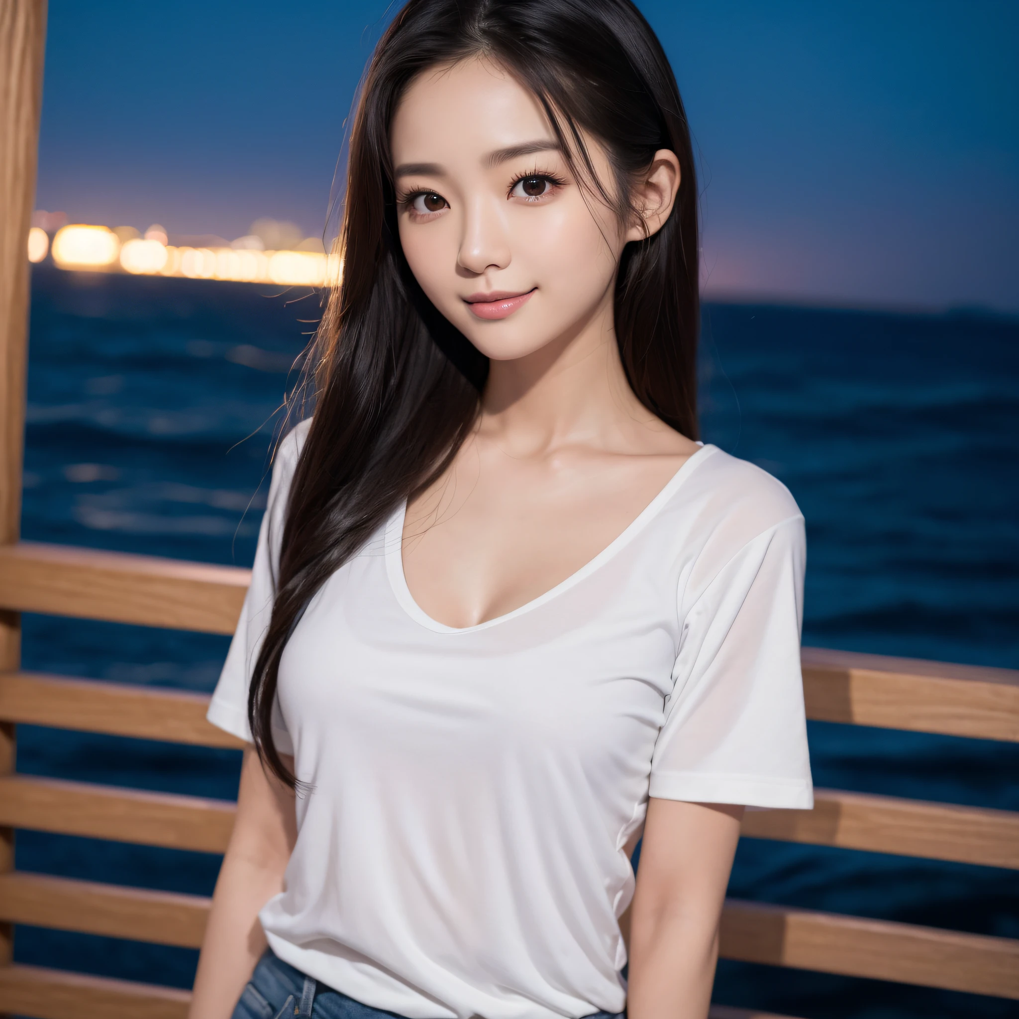 One lady、((best qualtiy、8k masterpieces:1.3))、foco nítido:1.2、(ultra beautiful faces:1.0)、(shinny skin:1.0)、photos realistic、A dark-haired、Video Lighting、High-definition eyes and face、Video Lighting、(Korean Cute Actress)、from the front side、medium breasts、(ssmile:1.2)、Slender Abs Beauty、Whole body、wearing t-shirts、On the coast at night