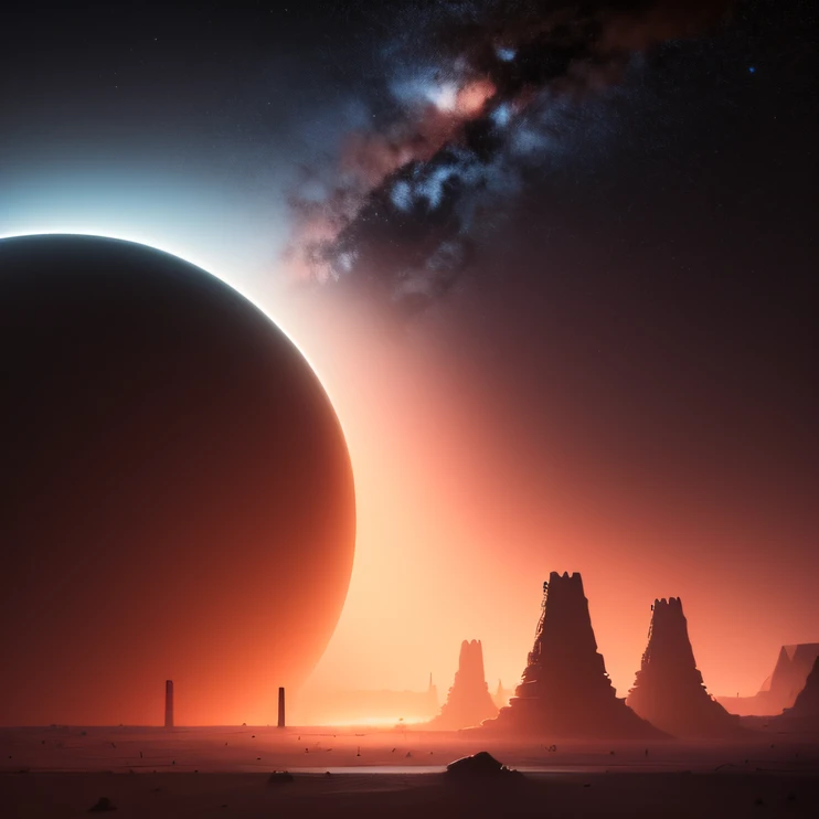 an alien base (very detailed) with several exhaust fans and chimneys in the middle of a mountainous desert, some spotlights coming out of the base to light up the dark place, (extreme night), some clouds in the night sky, some planets around to give an unknown planet air
