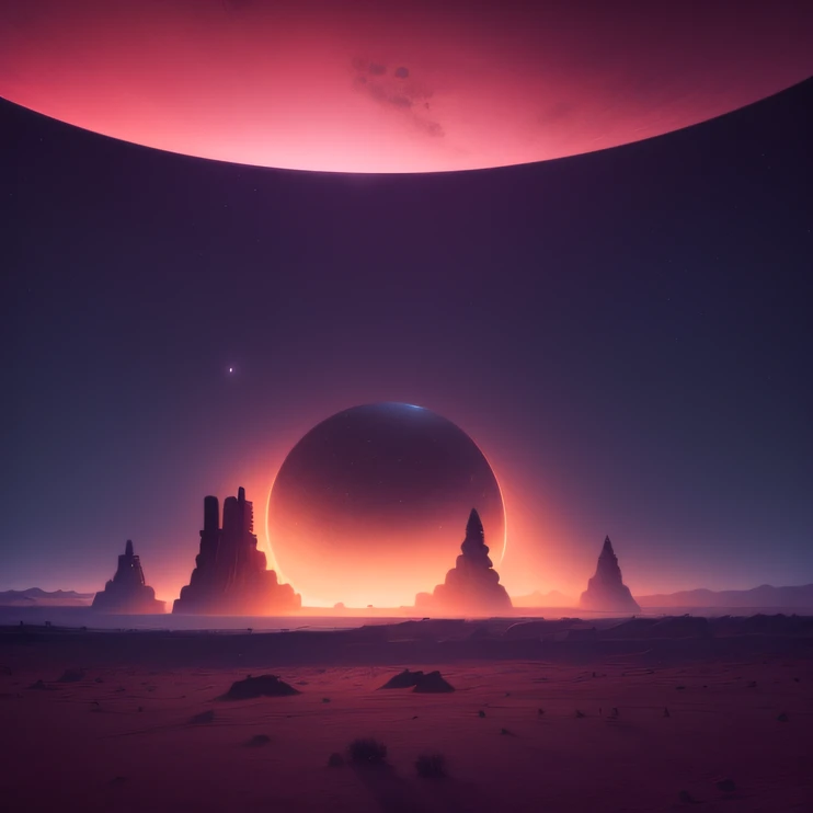 an alien base (very detailed) with several exhaust fans and chimneys in the middle of a mountainous desert, some spotlights coming out of the base to light up the dark place, (extreme night), some clouds in the night sky, some planets around to give an unknown planet air