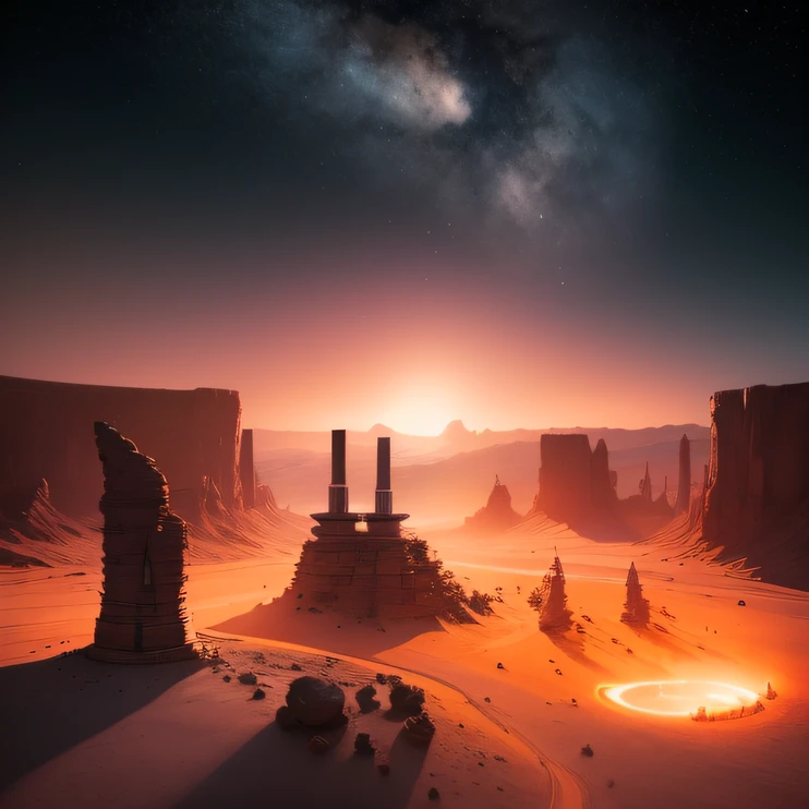 an alien base (very detailed) with several exhaust fans and chimneys in the middle of a mountainous desert, some spotlights coming out of the base to light up the dark place, (extreme night), some clouds in the night sky, some planets around to give an unknown planet air