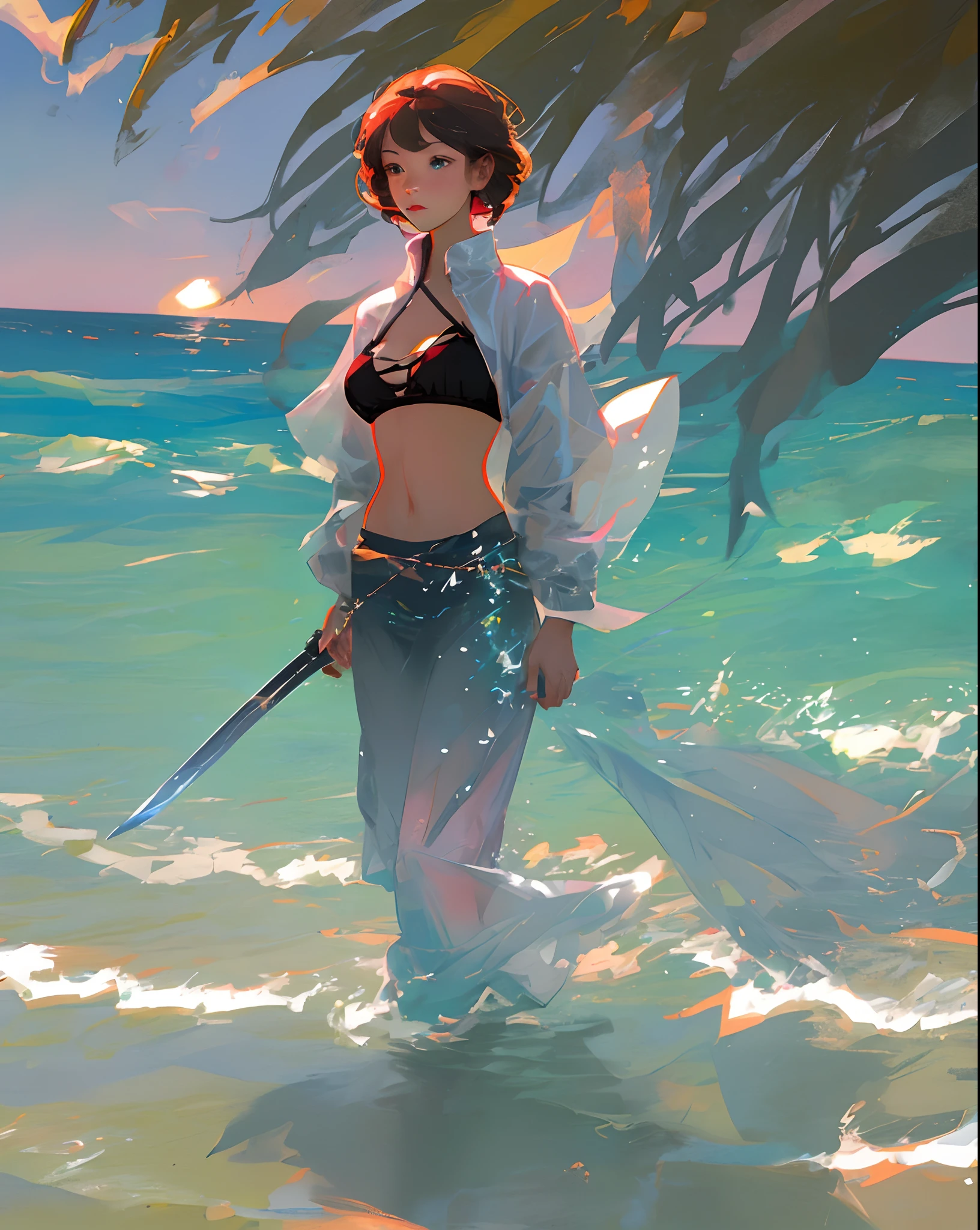 A cute girl standing on the beach facing the sea in bikini holding a sword