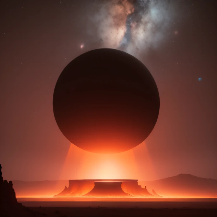 Alien base (Very detailed) In the mountainous desert there are several exhaust fans and chimneys, Some spotlights come out of the base to illuminate dark places, (Extreme nights), Some clouds in the night sky, Some of the surrounding planets give air to unknown planets，The farthest giant volcano is erupting