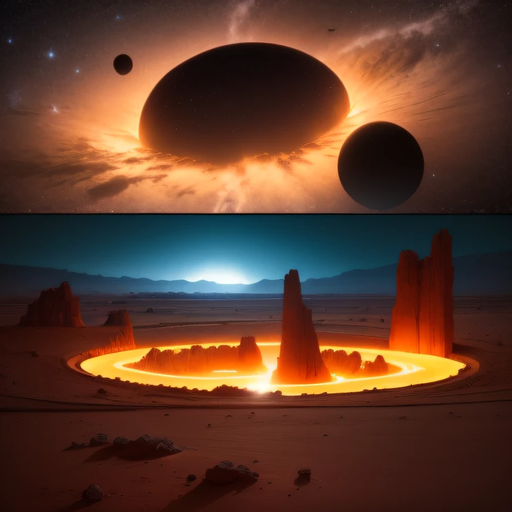 Alien base (Very detailed) In the mountainous desert there are several exhaust fans and chimneys, Some spotlights come out of the base to illuminate dark places, (Extreme nights), Some clouds in the night sky, Some of the surrounding planets give air to unknown planets，The farthest giant volcano is erupting