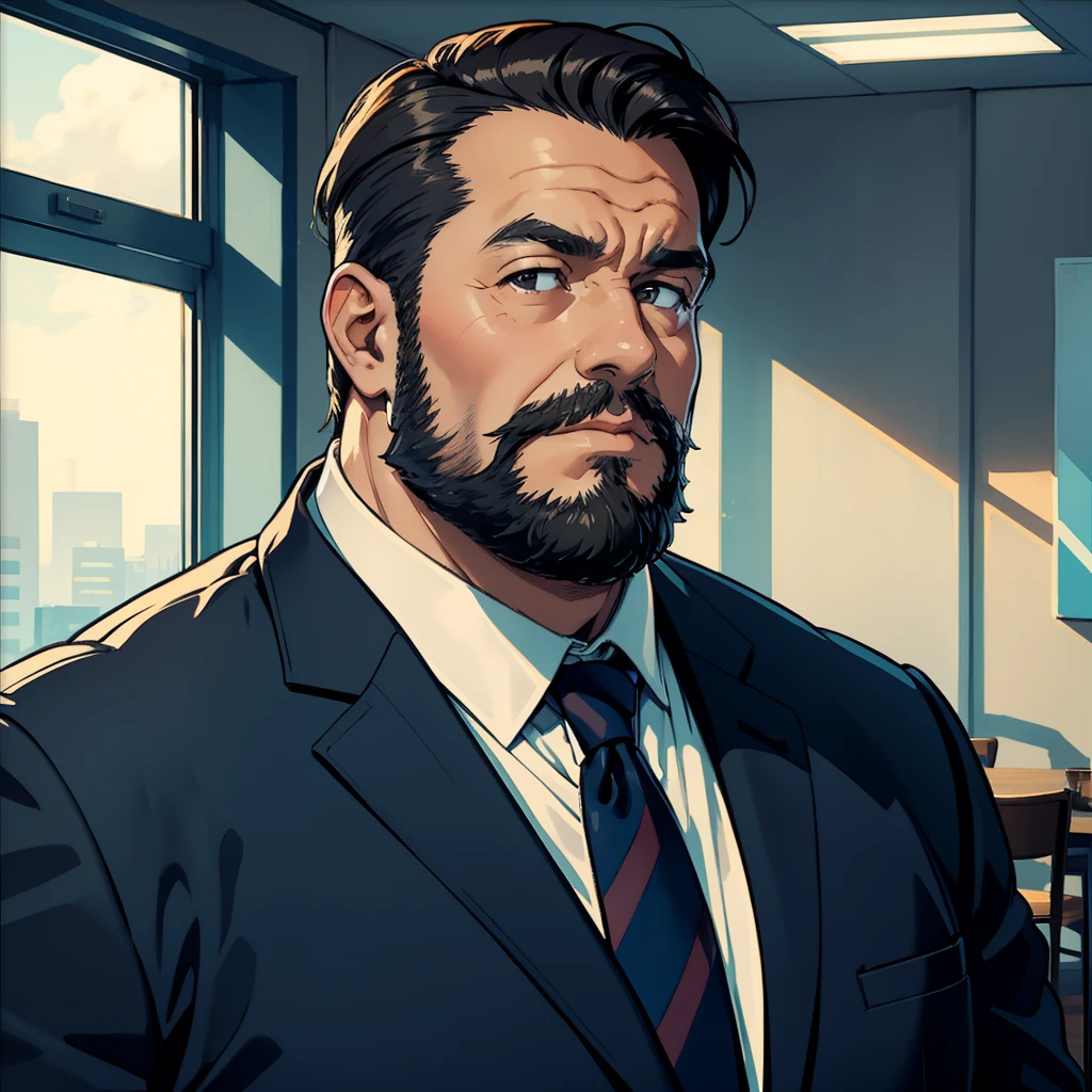 A middle-aged man，Slightly fat，Squint，dressed in a suit, beard, in company
