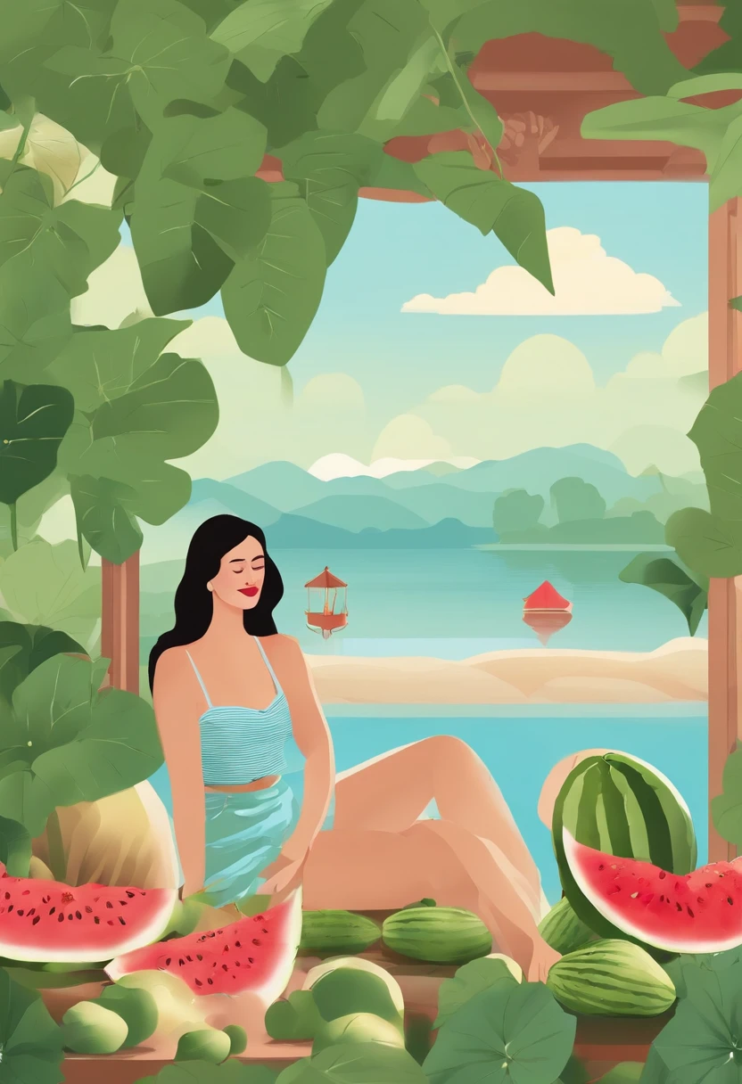 Flat illustration style,The solar term is hot,People lying on ice,There are watermelons on the lotus leaves next to it,verde claro,Business posters