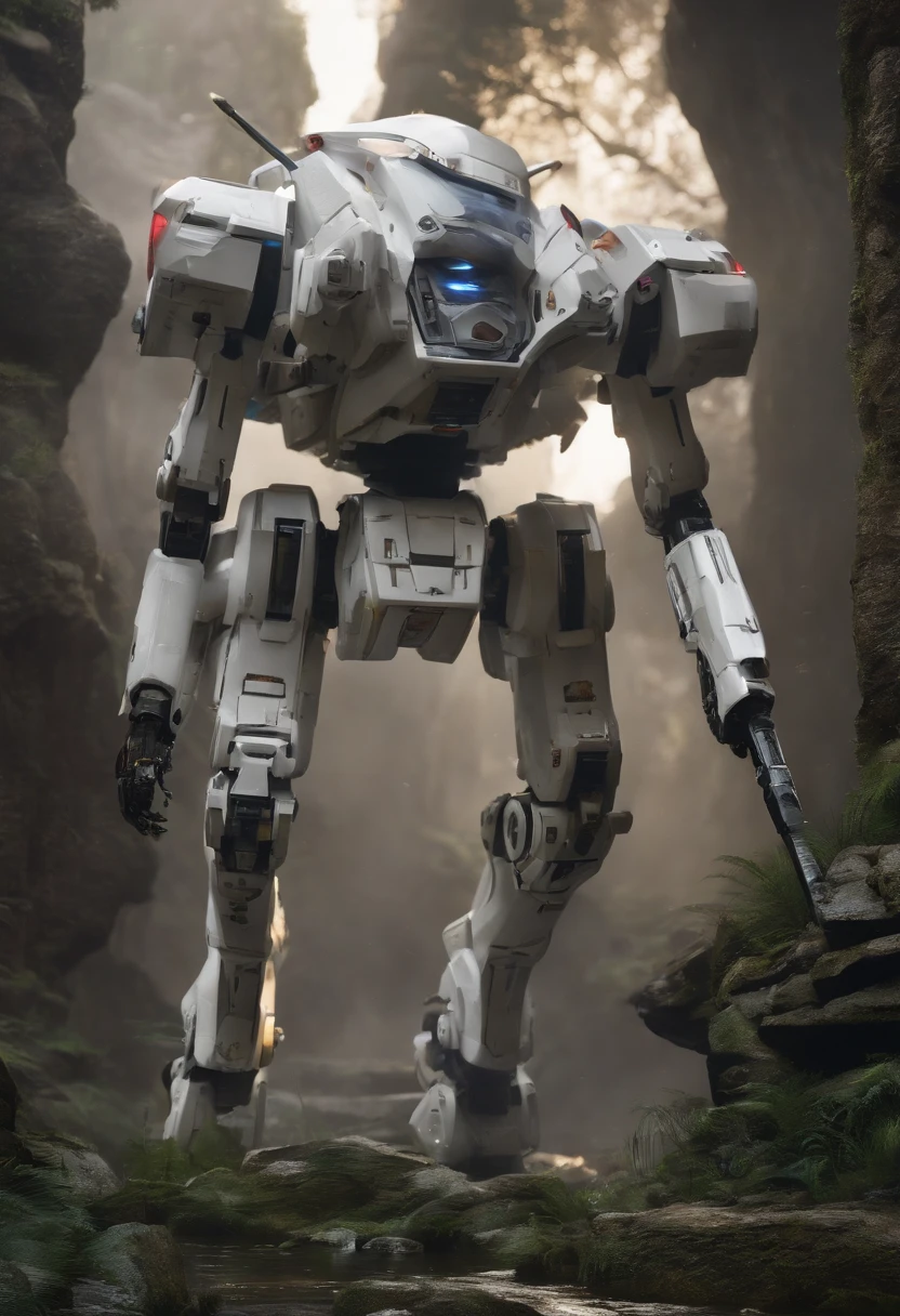 droid，mechs，废墟，rained，katana swords，white colors，