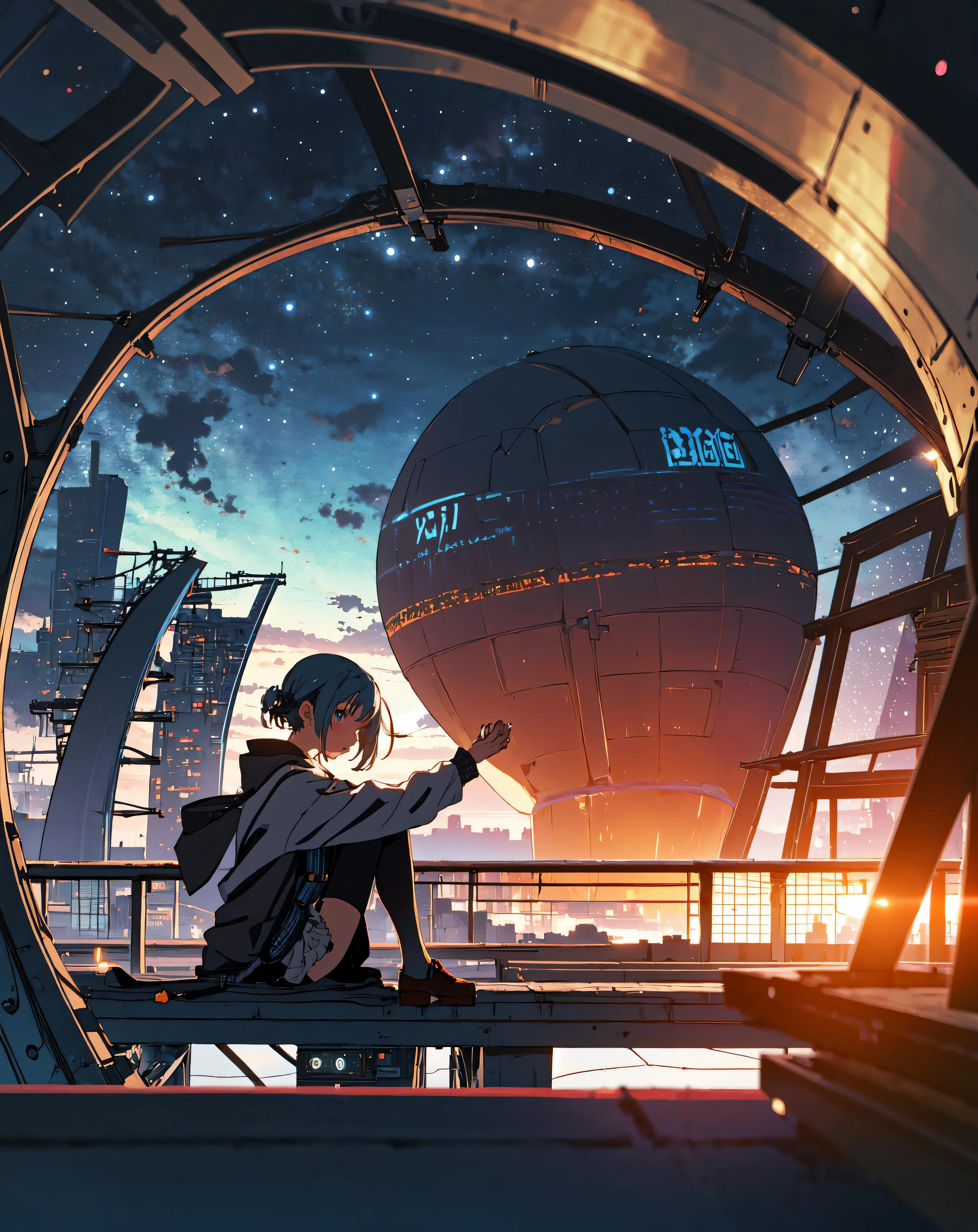 best quality, masterpiece, extremely detailed, detailed background, anime, 1girl, young girl, short girl, sci-fi, science fiction, outdoors, night, starry sky, greenhouse, megastructure, bio-dome, landscape, scenery, horizon, rooftop, sitting on rooftop, wind, looking away, atmospheric lighting, solo focus, close up, from side, depth of field, bokeh