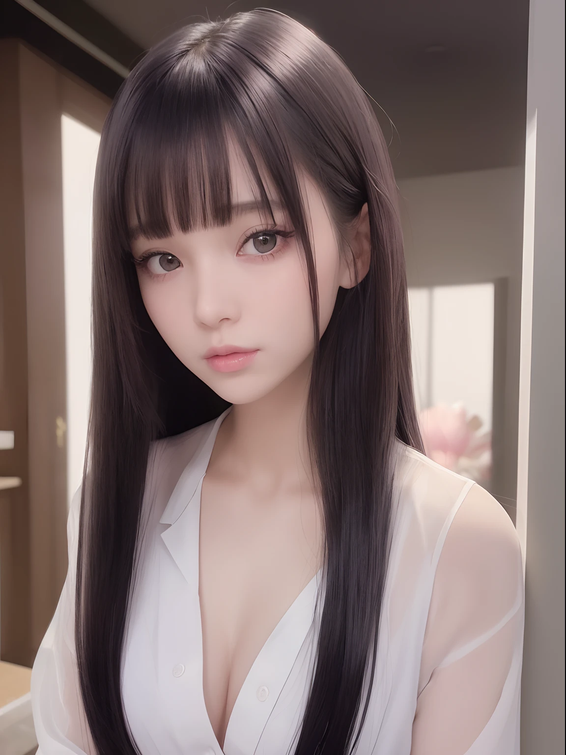 The most beautiful natural black hair in the world、bright expression、Beautiful bangs、Super long straight hair、Beautiful clear bright blue eyes、Transparent white and wet nightgown、European youth、perfect bodies、ultimate beauty girl、The cutest face in the world、The most beautiful 17-year-old in the world、White shiny skin、Perfect beautiful face、Bright makeup、Thin pink lips、1 girl in、Unbuttoned shirt、lipsticks、Colored inner hair、deceptive advertising、{steams}、Viewer Vision、Golden Hour Lighting、comic strip、Bokeh atmosphere perspective、detaileds、Movie Light、intricate-detail、hight resolution、 Detailed features of face design、High Details、Clear focus、SMOOTHNESS、aesthetics、High Details、printed、octane、{{masterpiece}}
