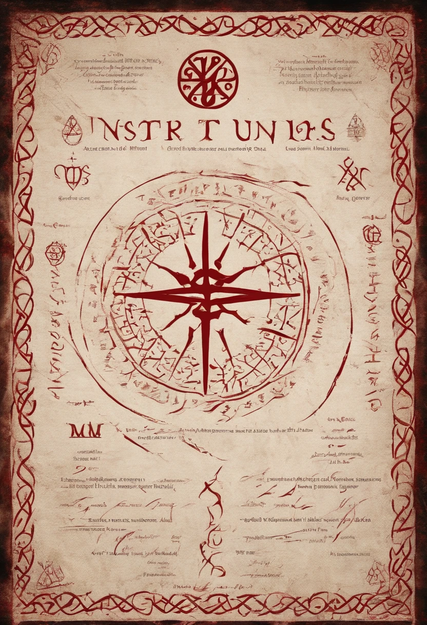 sinister runes, nordic runes, written in dark red ink on a dark cloth forming a word AUZVO