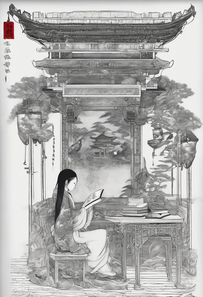 China's Qing Dynasty youth Xiucai is reading a book of poetry，He was 20 years old，In front of him was a table，There is a red lantern above the table。There was a stack of books on the table，pen, ink and paper