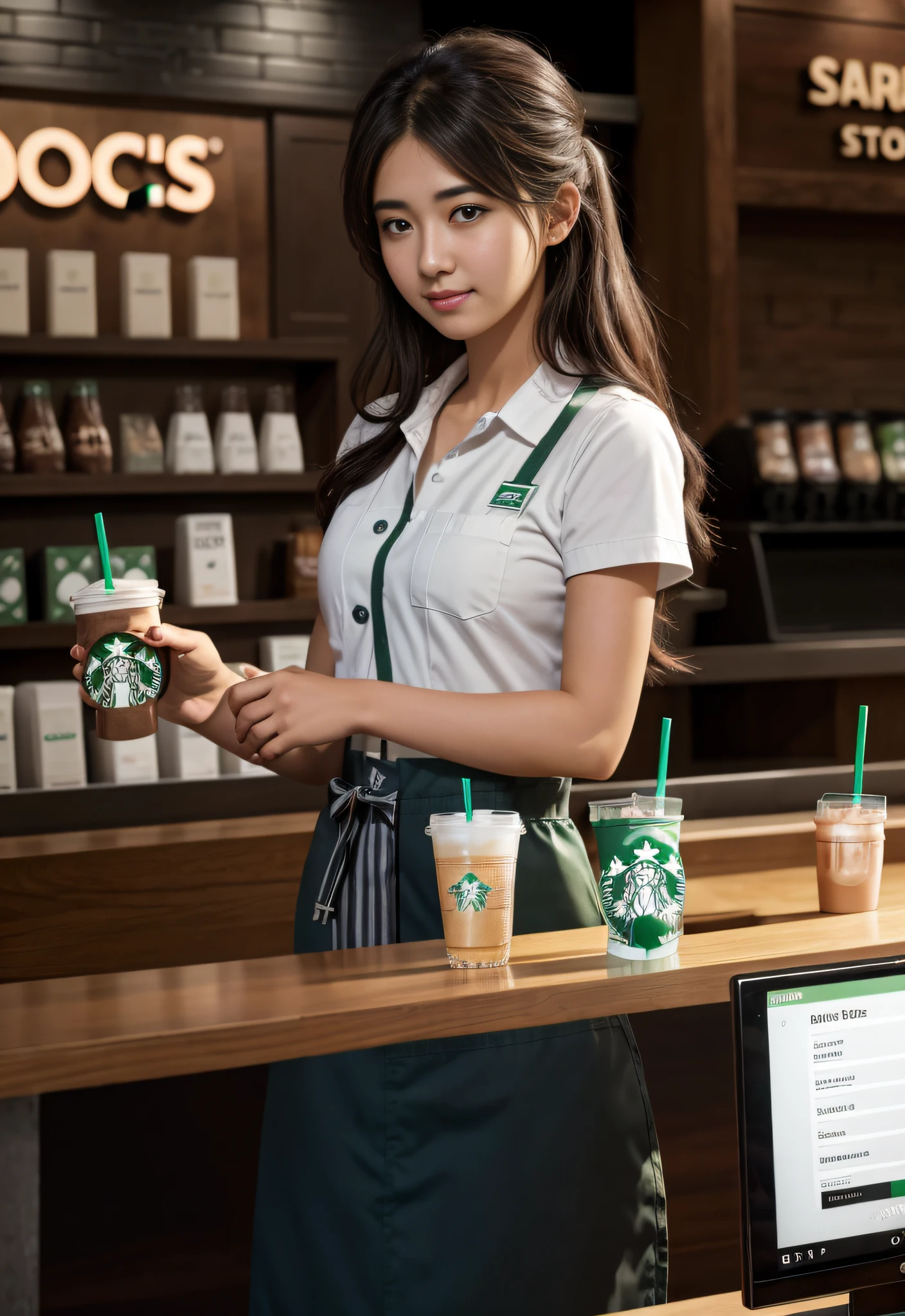 Araved woman standing behind a Starbucks counter with a drink, Mysterious Starbucks coffee shop girl, soda themed girl, Wearing a Starbucks uniform, ( Waitress )  trending at cgstation, , Anime girl in real life, trending on cgstation, At the counter, Coveralls