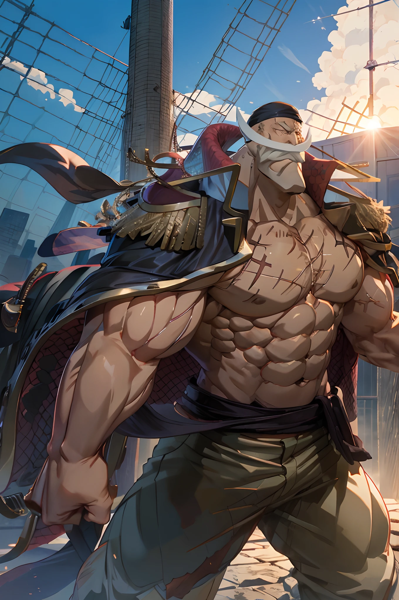 masterpiece, 8k, Hight detailed, a man standing in street, huge and muscular, old man, sunset, twilight, pants and jacket, ((shirohige))