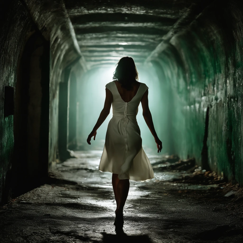 Action shot of sexy nurse chasing viewer with head wrapped in bandage,Dynamic running,In the dilapidated underground tunnels of hell,spine-chilling,white dresses,unnerving,terroral,80mm,Scary lights,Dynamic action colors: dark green tone; atmosphere: Moonlight drenches in shadows, Charming and eerie; Perspective: Lower angle; Emotion: eerie, Fascinating; Resolution: hyper realisitc, high resolution, Cinematic feeling, Detailed.