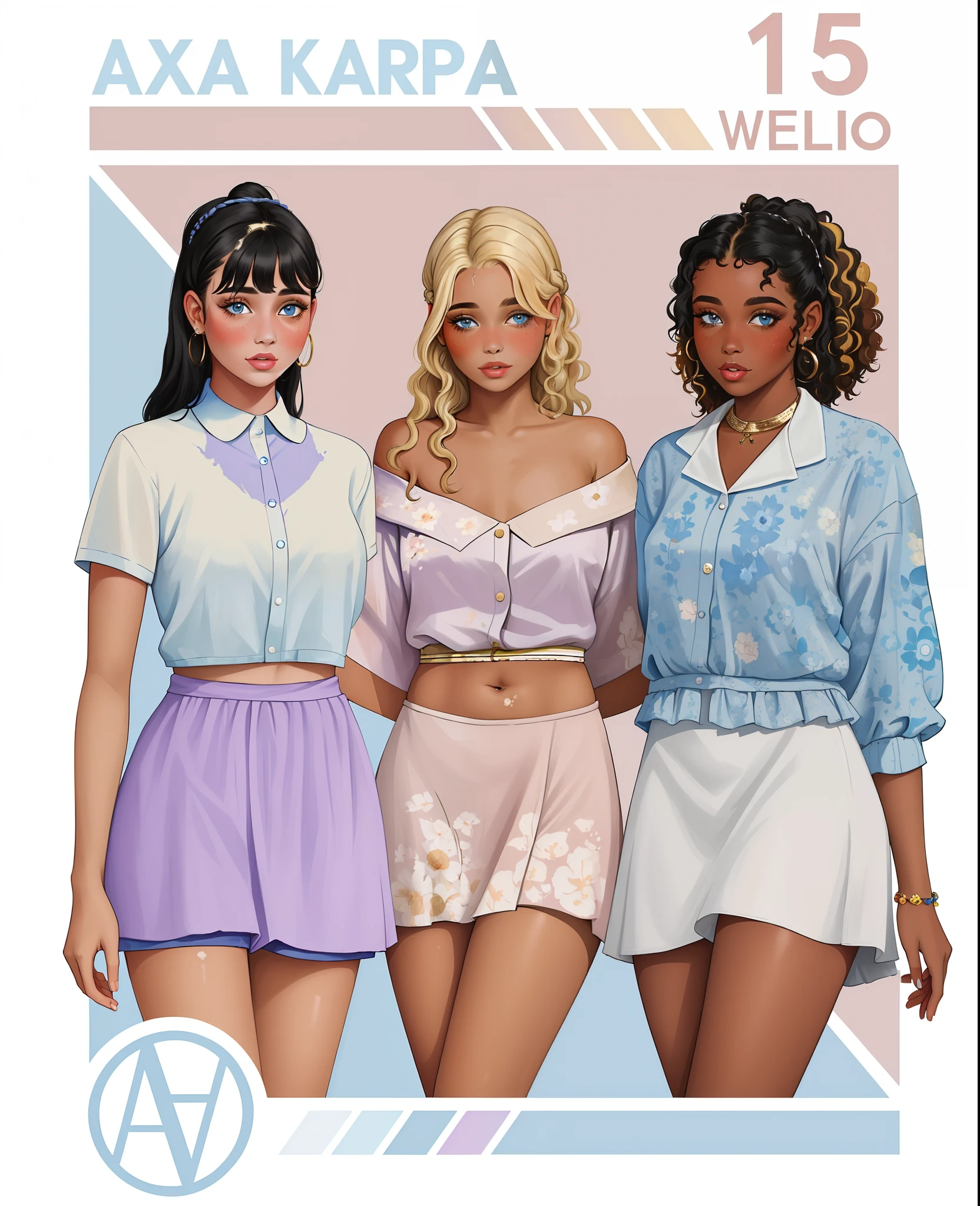 ((masterpiece)), (highest quality), three girls, 1 girl with long black hair on the left side, 1 girl with short blonde hair in the middle, 1 girl with vitiligo and curly hair on the right