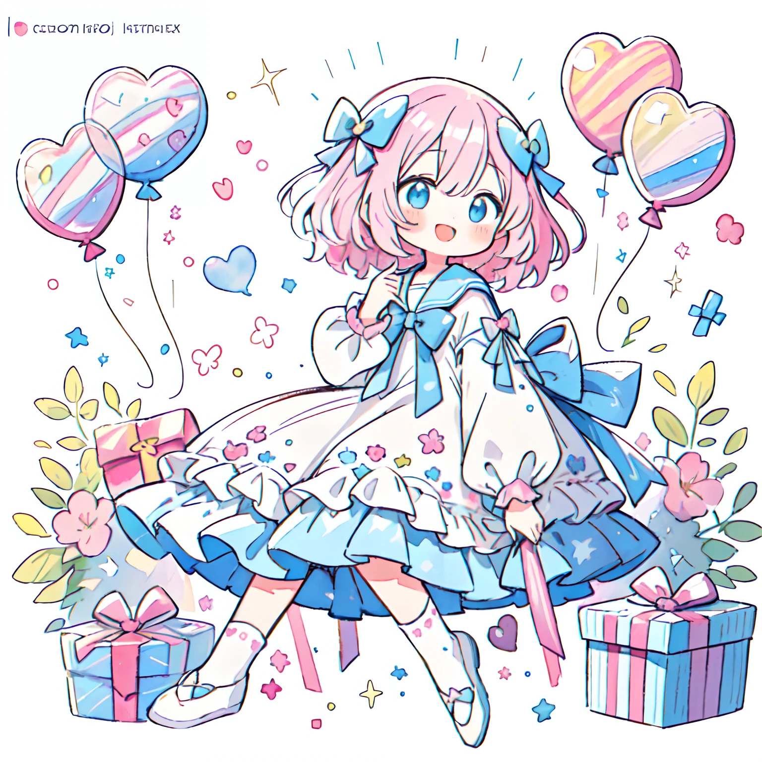 (PastelColors:1.3)、(Cute illustration:1.3)、(watercolor paiting:1.1)、
Detailed background、1girl in、Smile with open mouth、Beautifully detailed、Moya、colourfull、marble、Particles of light、patterns、
Detailed drawing、Vibrant colors、striking contrast、intricate detailes、Delicate depiction、Luminescent、full body Esbian、From the side、Beautiful facial features、Brightly colored eyes、Wearing intricate and delicate ornaments、glowing aura、Radiant hair,Illuminated by the morning light、a pixie cut、Girl surrounded by many presents、Present Box、Box with ribbon、Balloons of the Heart、a colorful♡,Sit down and look up、Stripe background