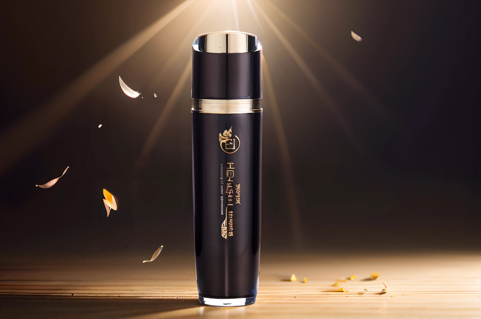 Close-up of a perfume bottle on a wooden surface, Highlight, products shot，Fujifilm lens, Product photo, high quality topical render, professional product shot, high end, hd elegant, high quality product photo, professional product photo, Official product photo,Dream light，The spotlight is strong, ellegance, Product photography 4 K,petals，Water droplets are dripping，product lighting