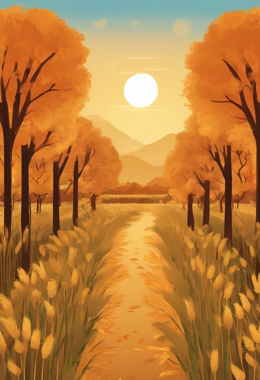 Flat illustration style，The solar term is small，Autumn colors，There are ears of wheat，There is the sun，Business posters