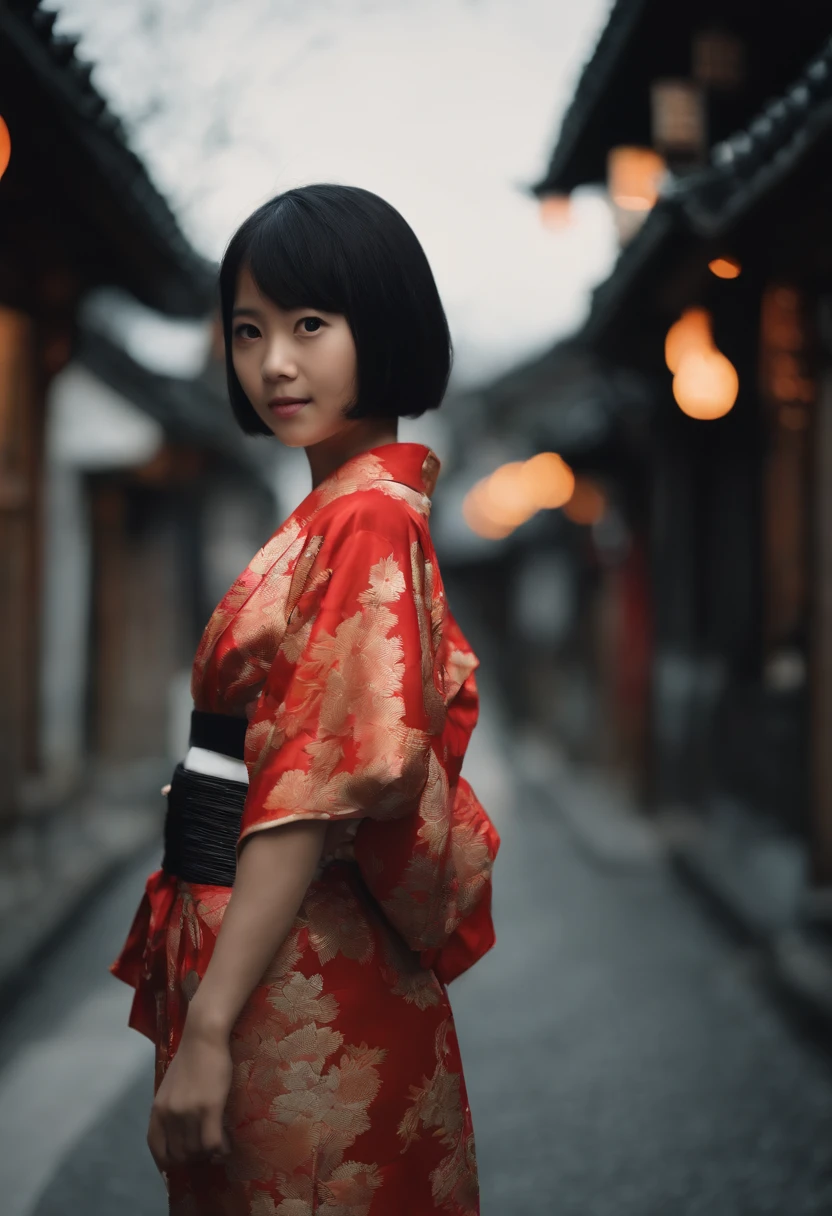 full bodyesbian, Wear colorful kimonos, 7 years old, 7 year old Japanese petite ??? on a dark city street, Dark creepy streets, Petite girl, flatchest, Petite figure, Short black hair, Exposing the abdomen, midriff exposed, small tits, ((big breasts thin waist)), a small face,Barefoot,((Naked)),flatchest