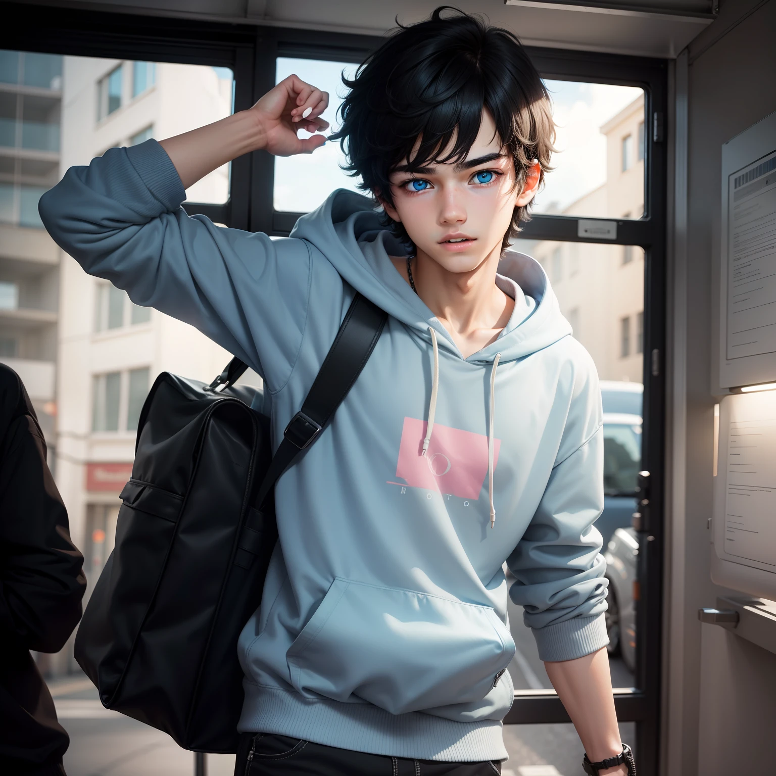 boy, black hair, delight face, smart, cool, with bag, hoodie, light blue eyes,