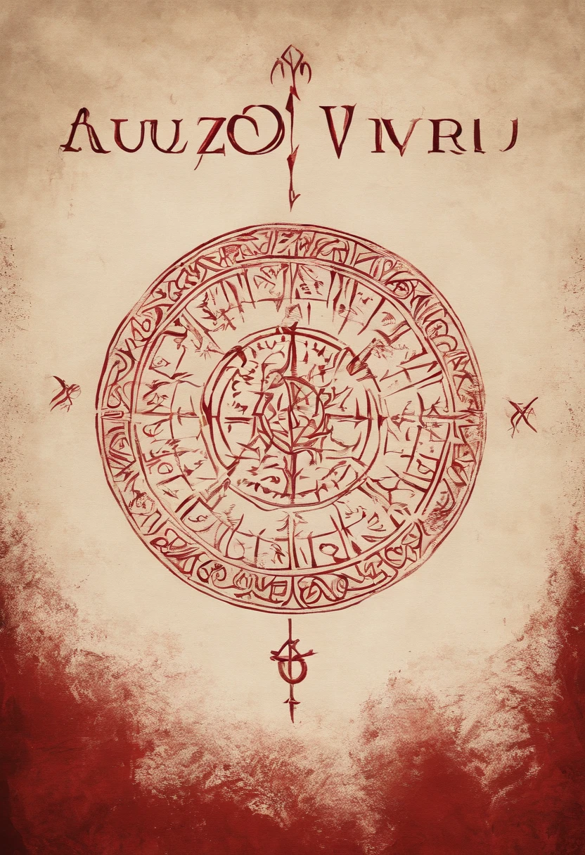 word "auzov' written as sinister nordic runes, dark red ink on old white cloth